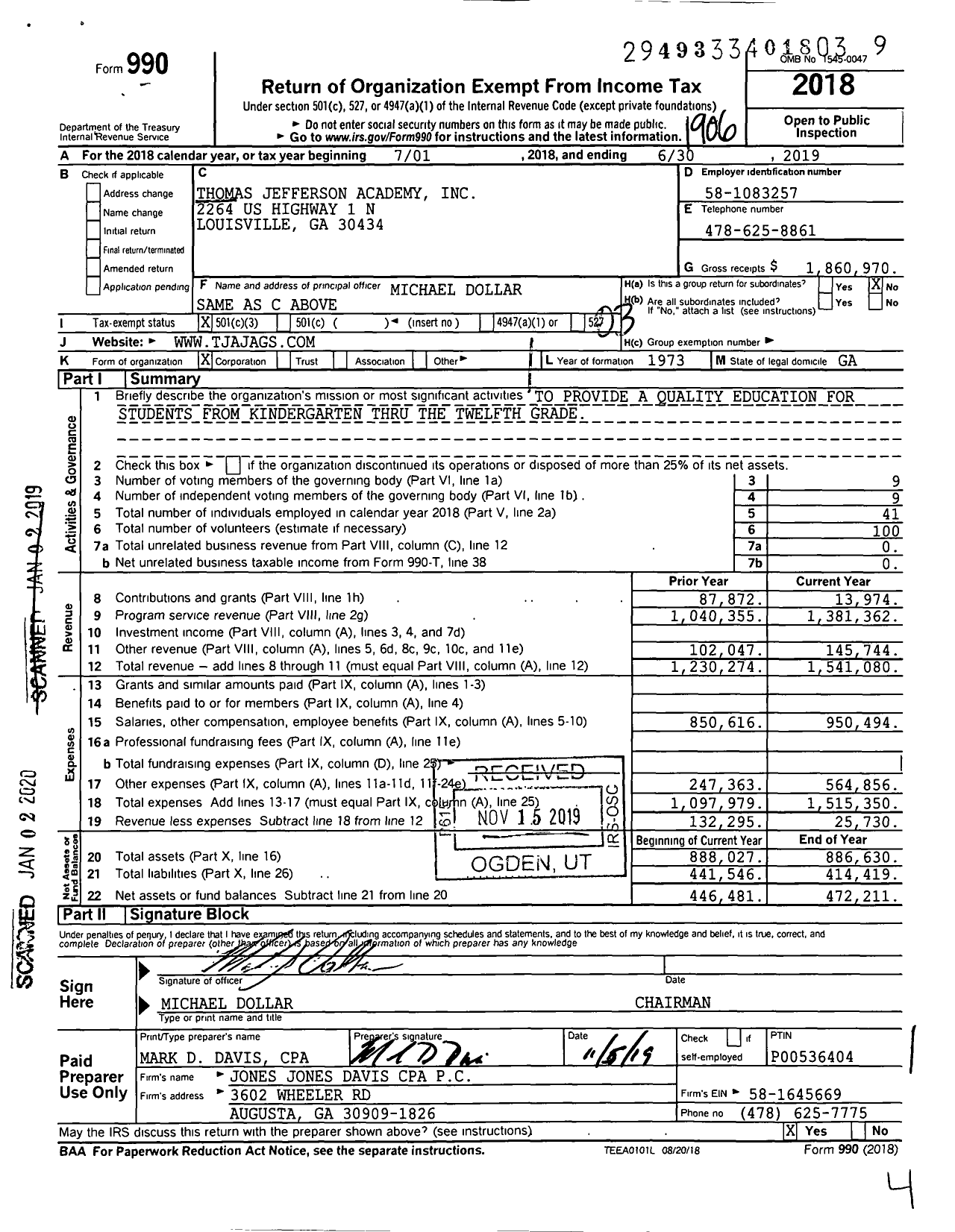 Image of first page of 2018 Form 990 for Thomas Jefferson Academy