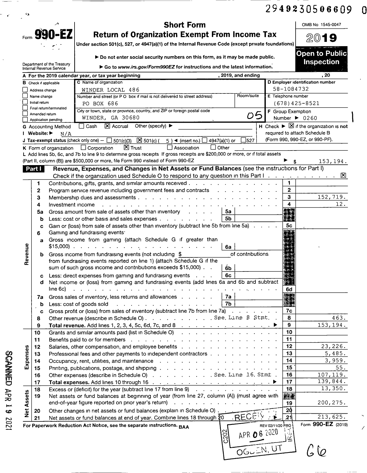 Image of first page of 2019 Form 990EO for United Steelworkers - 486 Local