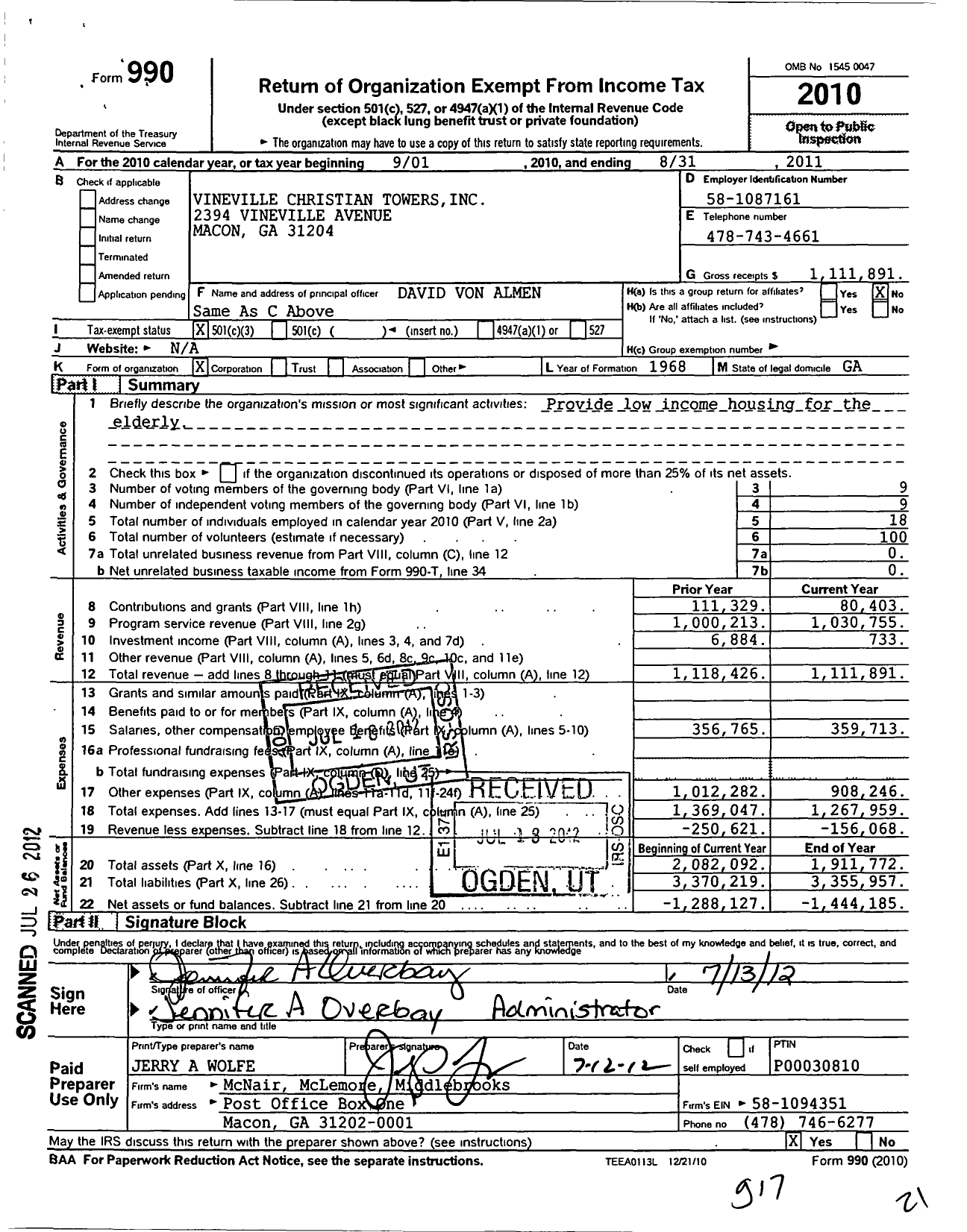 Image of first page of 2010 Form 990 for Vineville Christian Towers