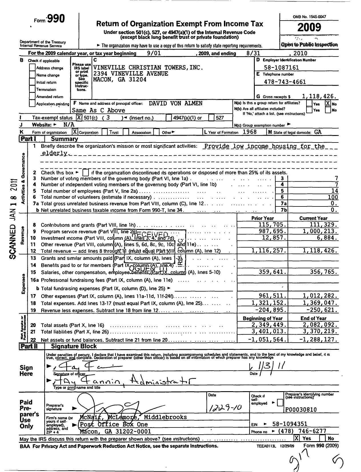 Image of first page of 2009 Form 990 for Vineville Christian Towers