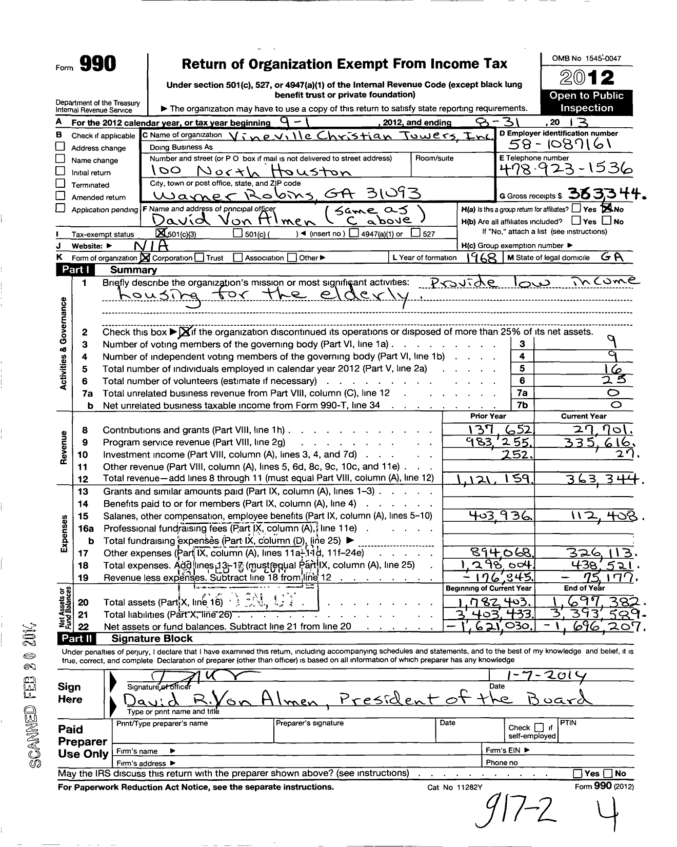 Image of first page of 2012 Form 990 for Vineville Christian Towers