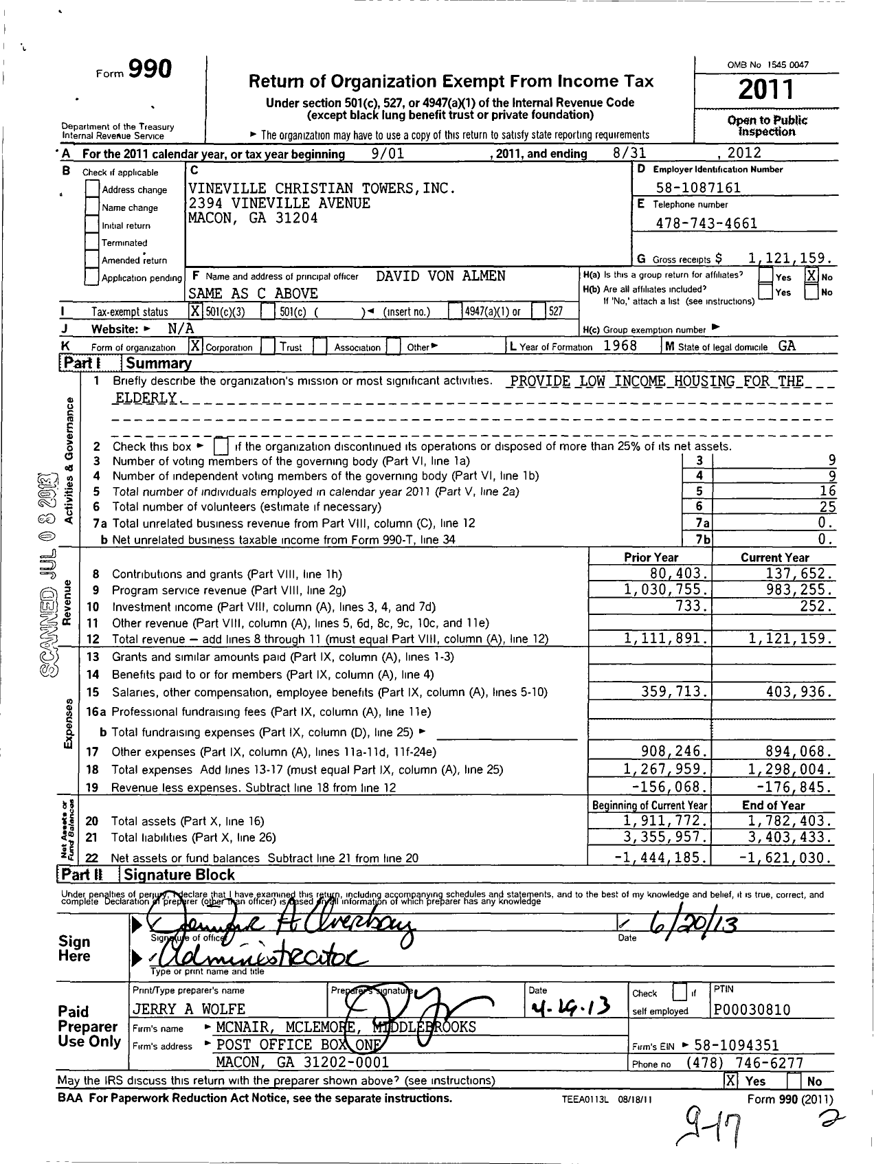 Image of first page of 2011 Form 990 for Vineville Christian Towers