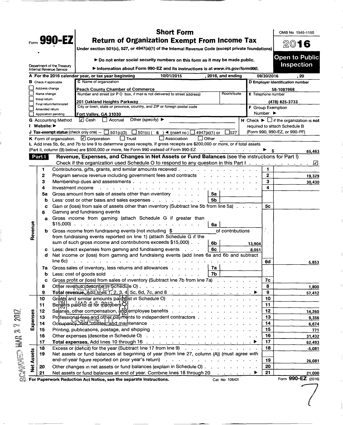 Image of first page of 2015 Form 990EO for Peach County Chamber of Commerce