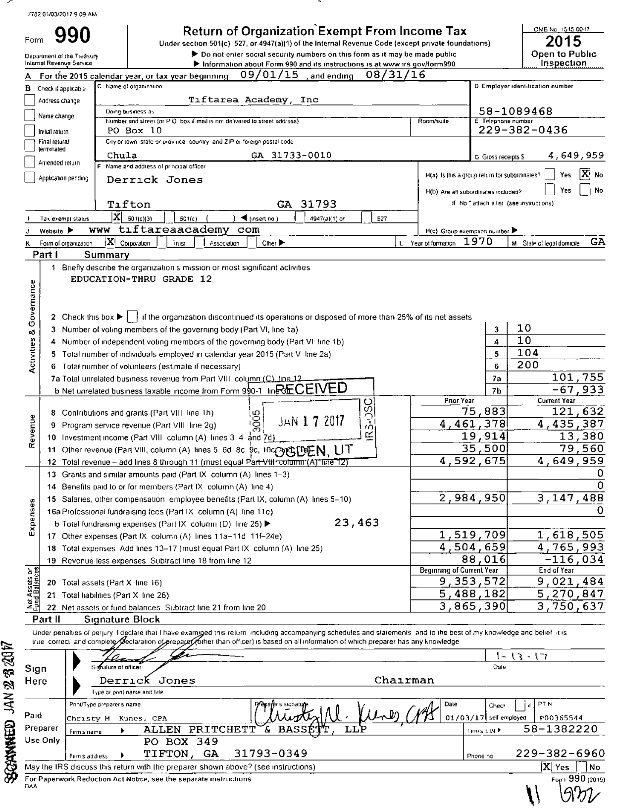 Image of first page of 2015 Form 990 for Tiftarea Academy