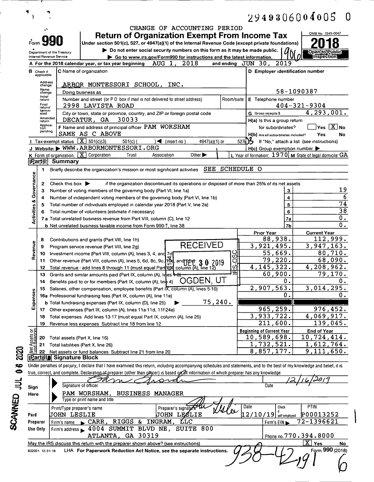 Image of first page of 2018 Form 990 for Arbor Montessori School