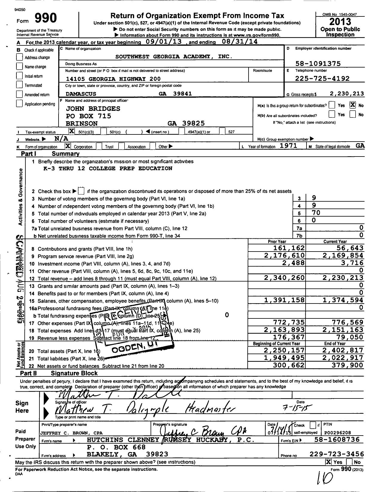 Image of first page of 2013 Form 990 for Southwest Georgia Academy