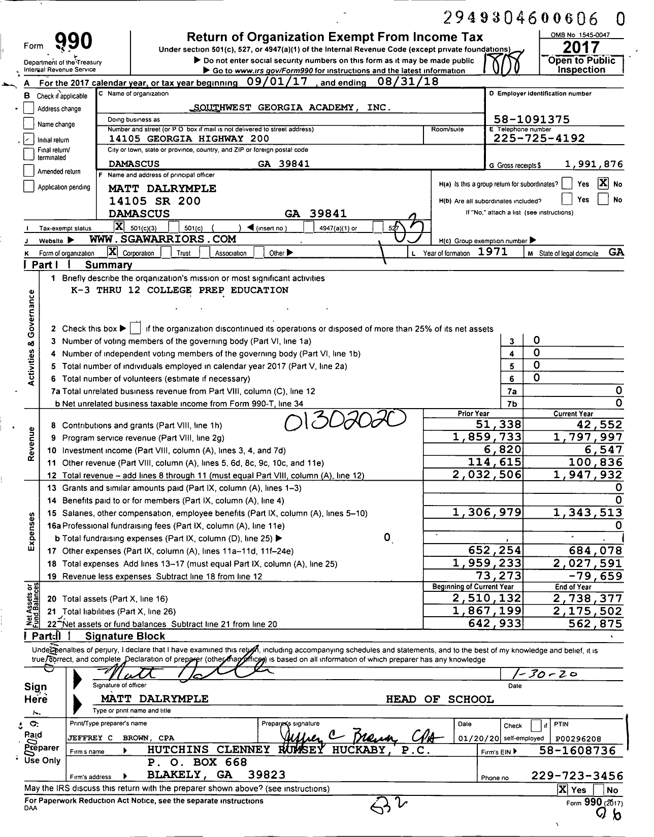 Image of first page of 2017 Form 990 for Southwest Georgia Academy