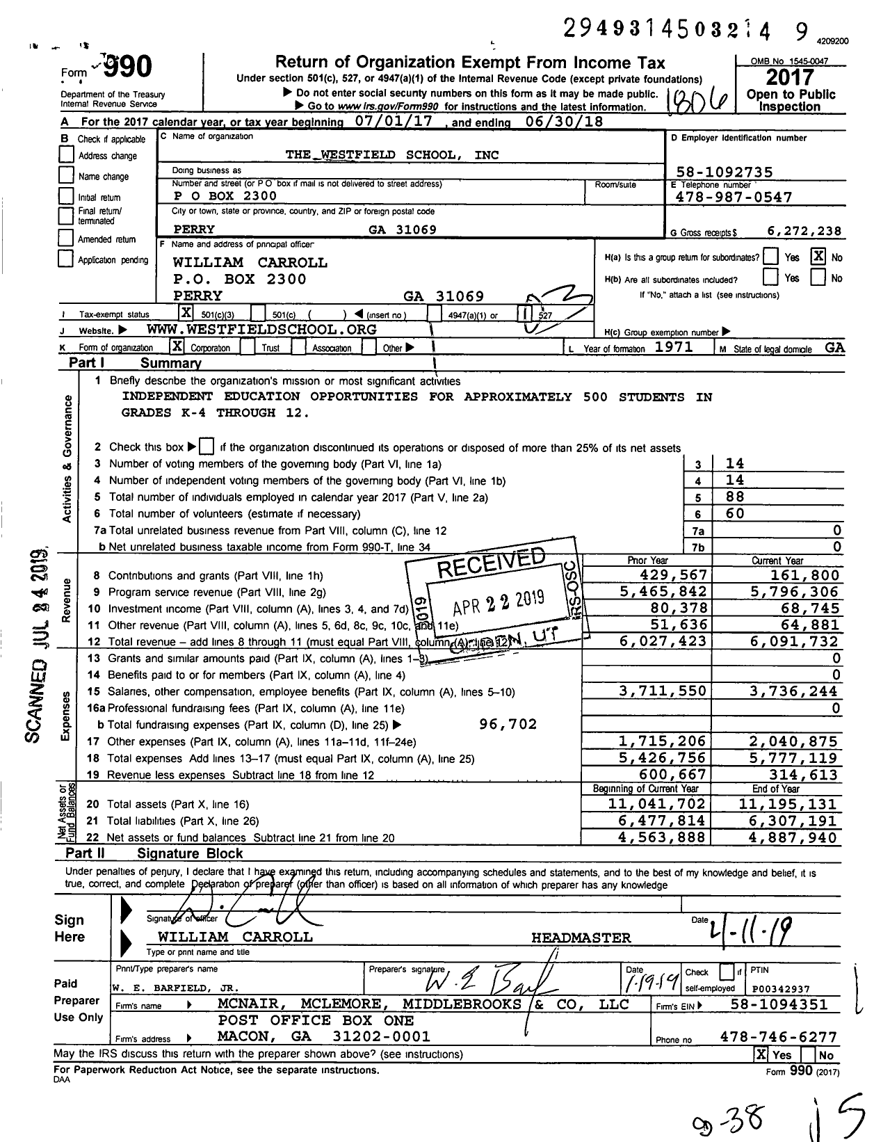 Image of first page of 2017 Form 990 for The Westfield School