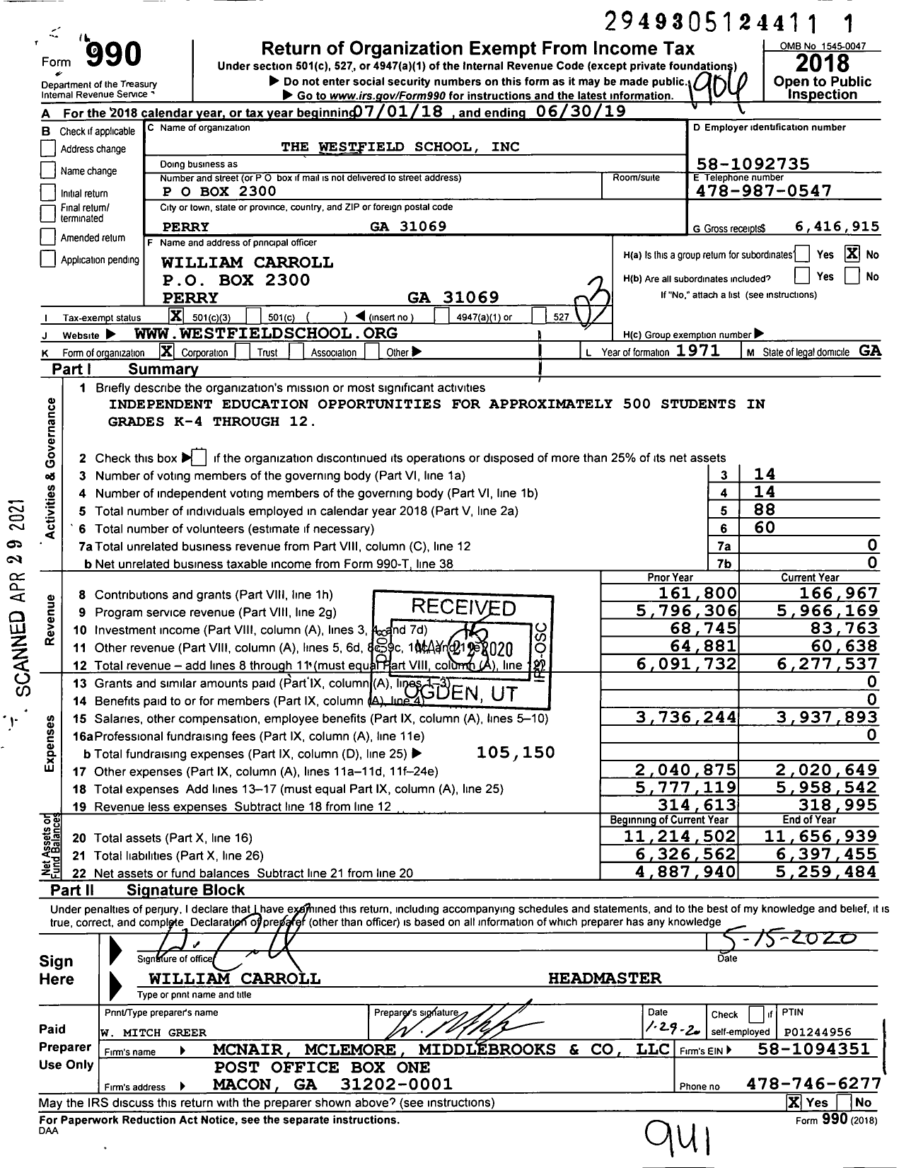 Image of first page of 2018 Form 990 for The Westfield School