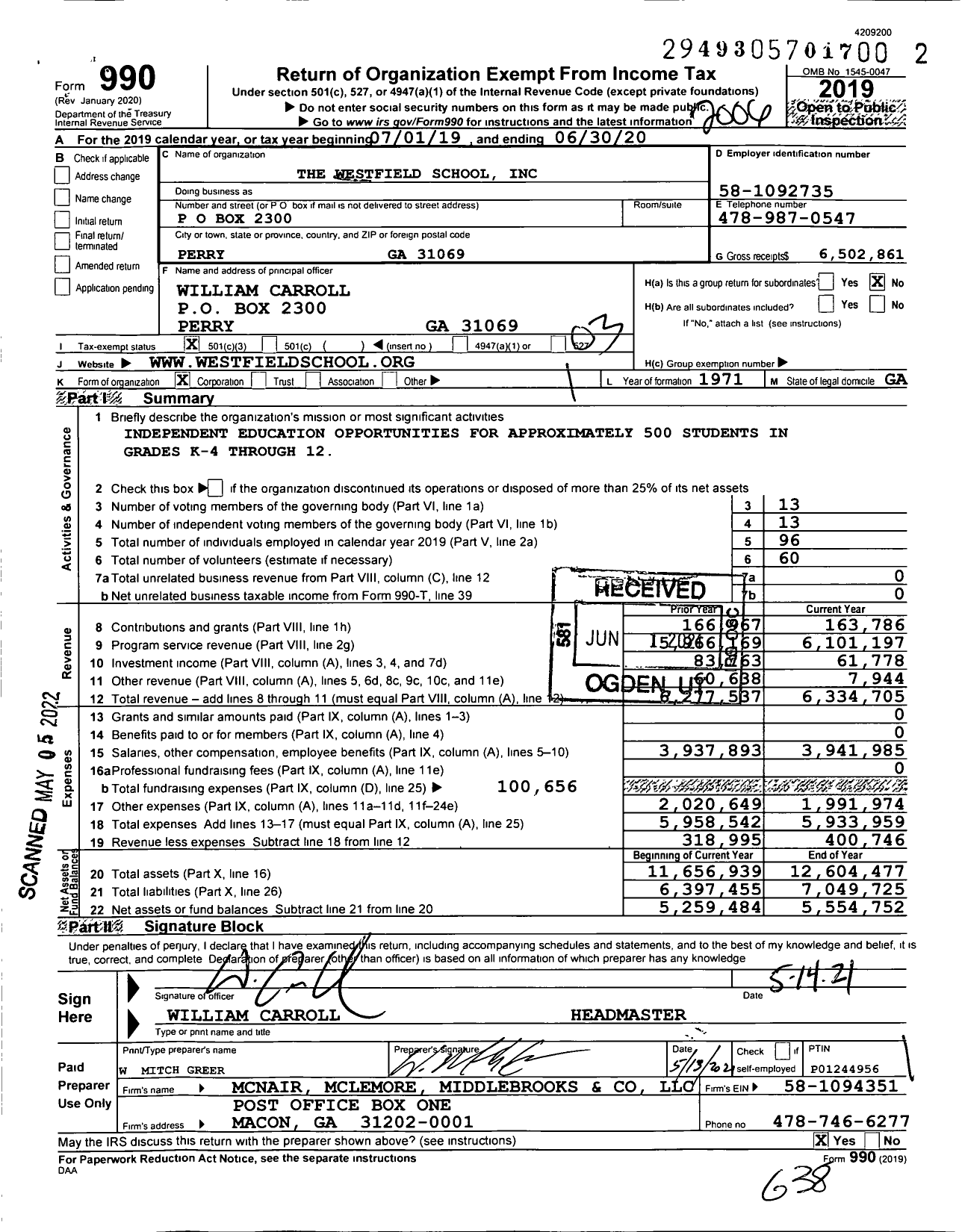 Image of first page of 2019 Form 990 for The Westfield School