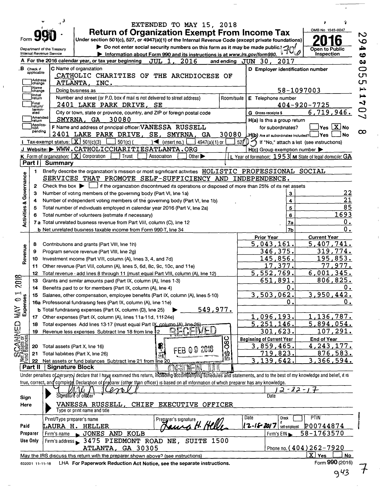 Image of first page of 2016 Form 990 for Catholic Charities of the Archdiocese of Atlanta