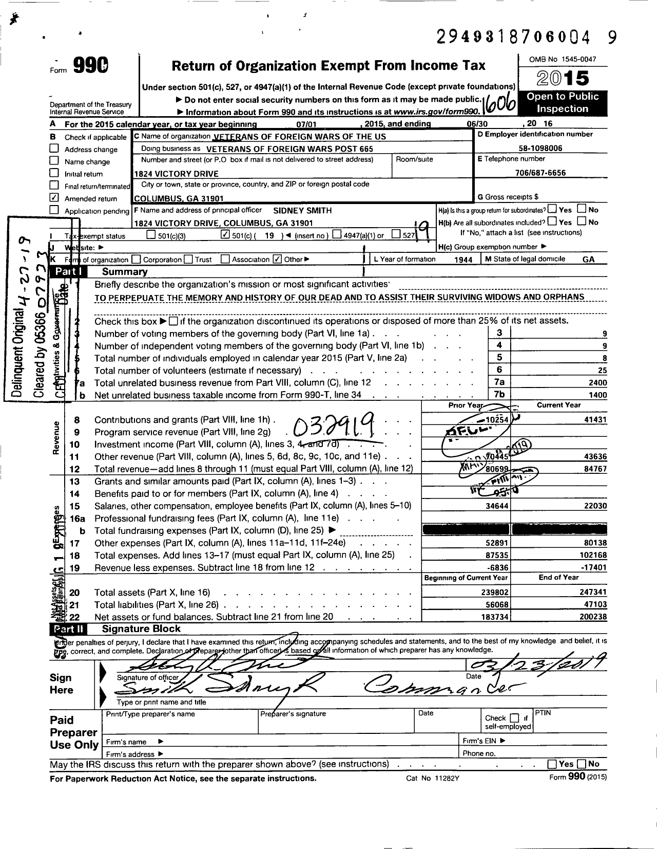 Image of first page of 2015 Form 990O for Veterans of Foreign Wars of the United States Dept of Georgia - 665