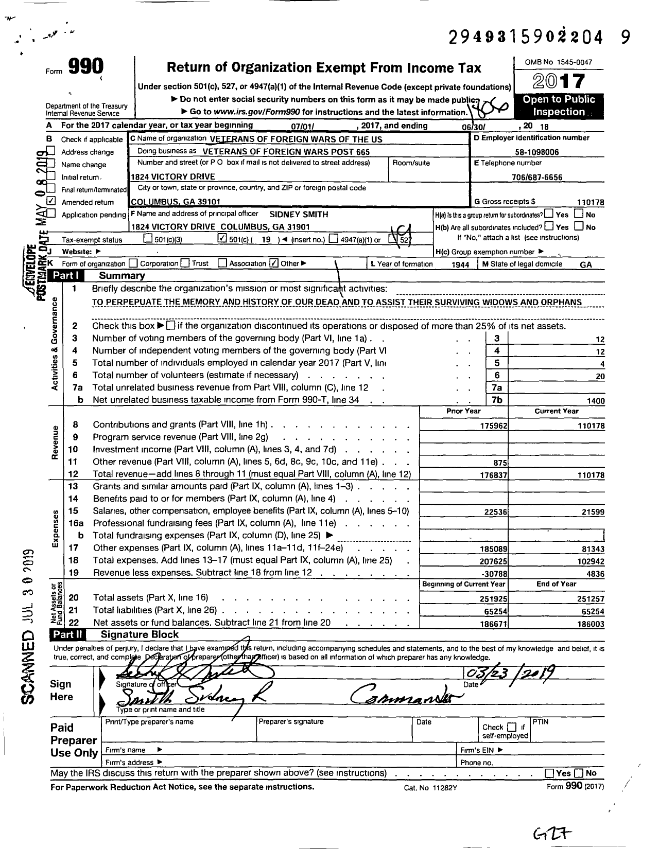 Image of first page of 2017 Form 990O for Veterans of Foreign Wars of the United States Dept of Georgia - 665