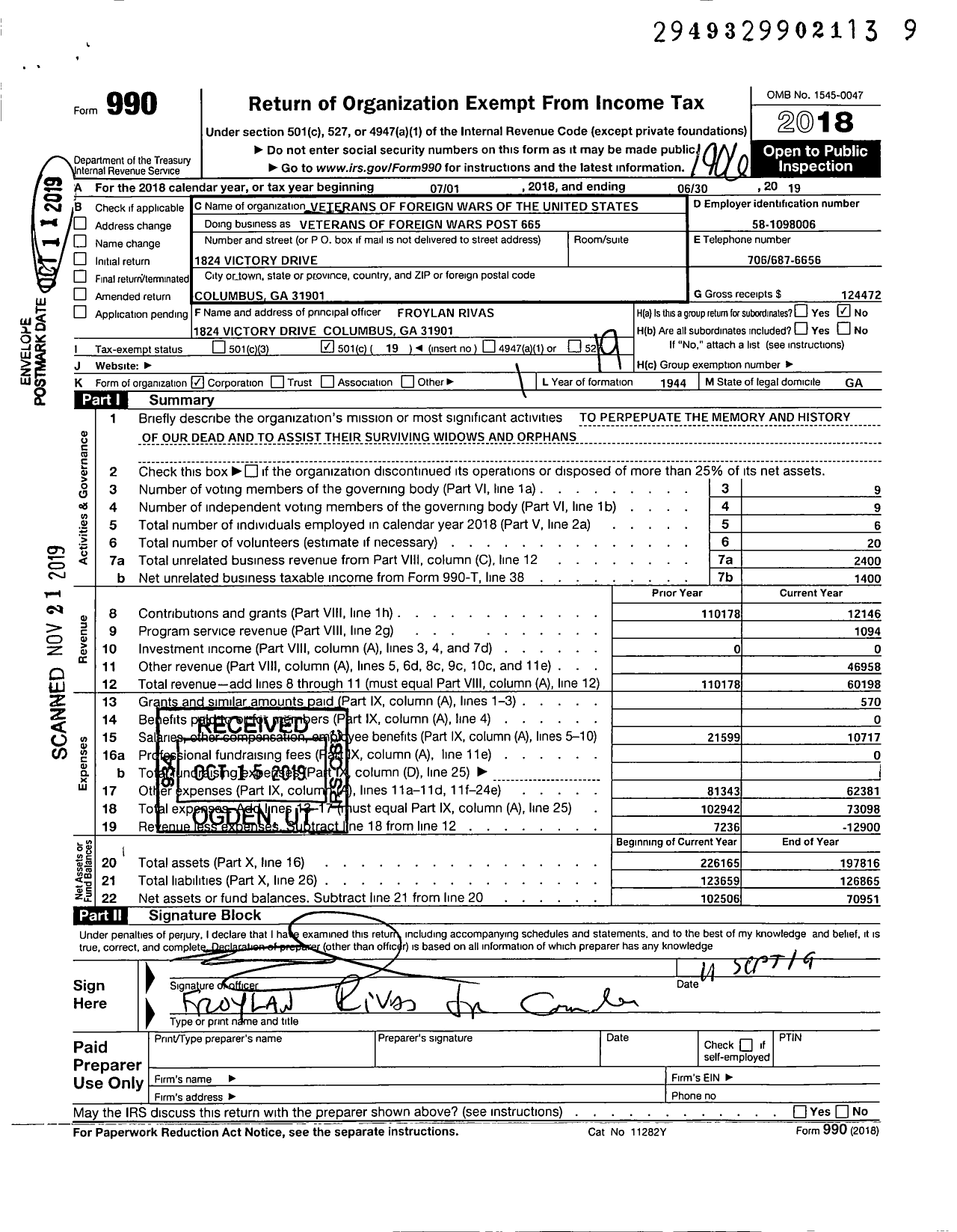 Image of first page of 2018 Form 990O for Veterans of Foreign Wars of the United States Dept of Georgia - 665