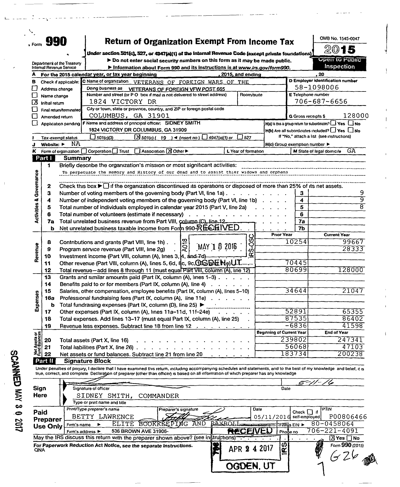 Image of first page of 2015 Form 990O for Veterans of Foreign Wars of the United States Dept of Georgia - 665