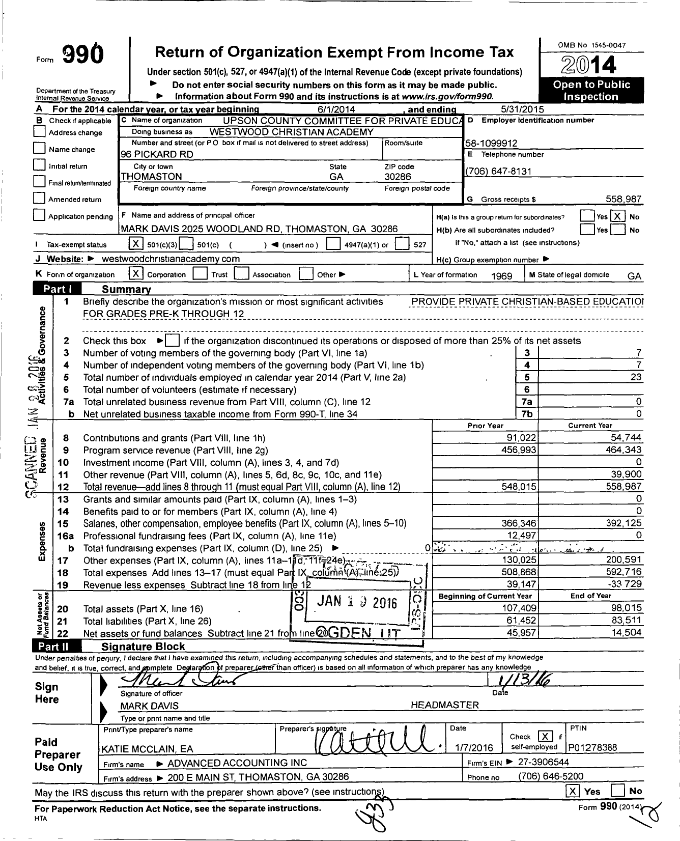 Image of first page of 2014 Form 990 for Upson County Committee for Private Education