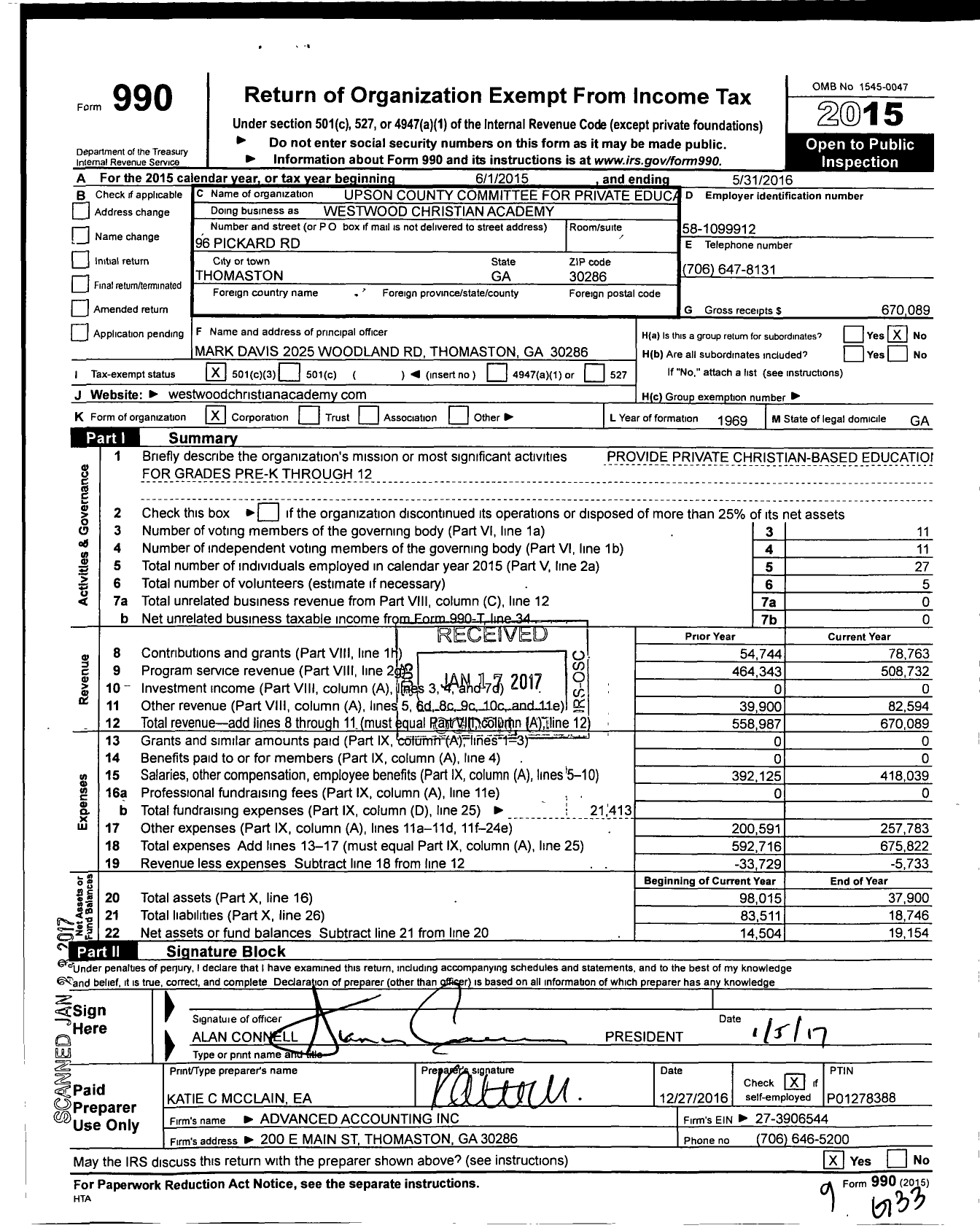 Image of first page of 2015 Form 990 for Upson County Committee for Private Education