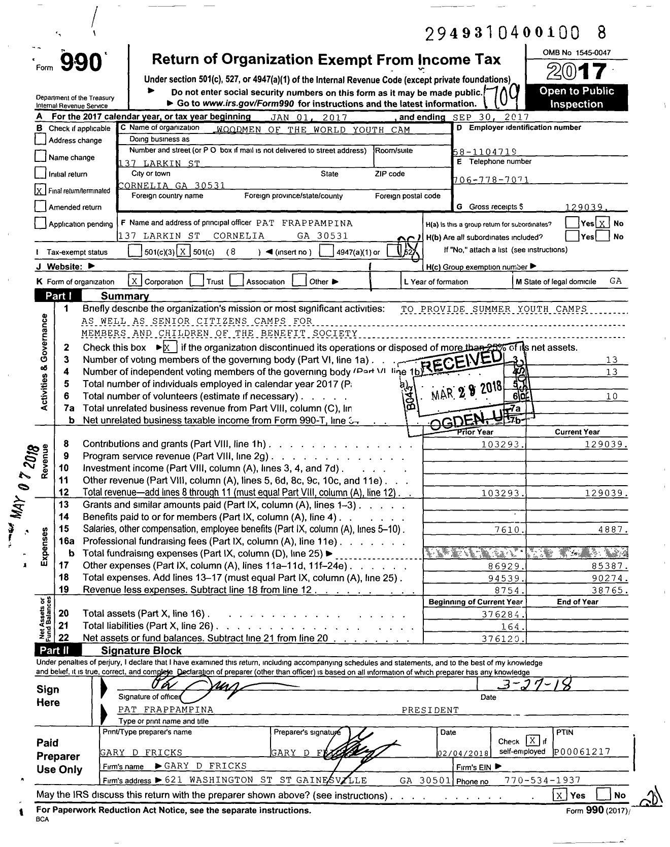 Image of first page of 2016 Form 990O for Woodmen of the World Youth Cam