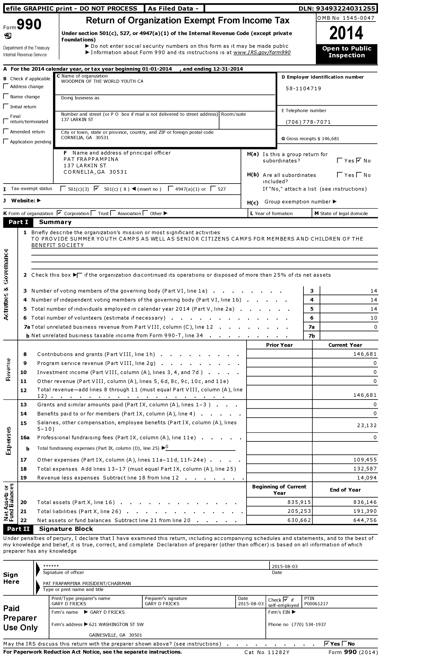 Image of first page of 2014 Form 990O for Woodmen of the World Youth Cam