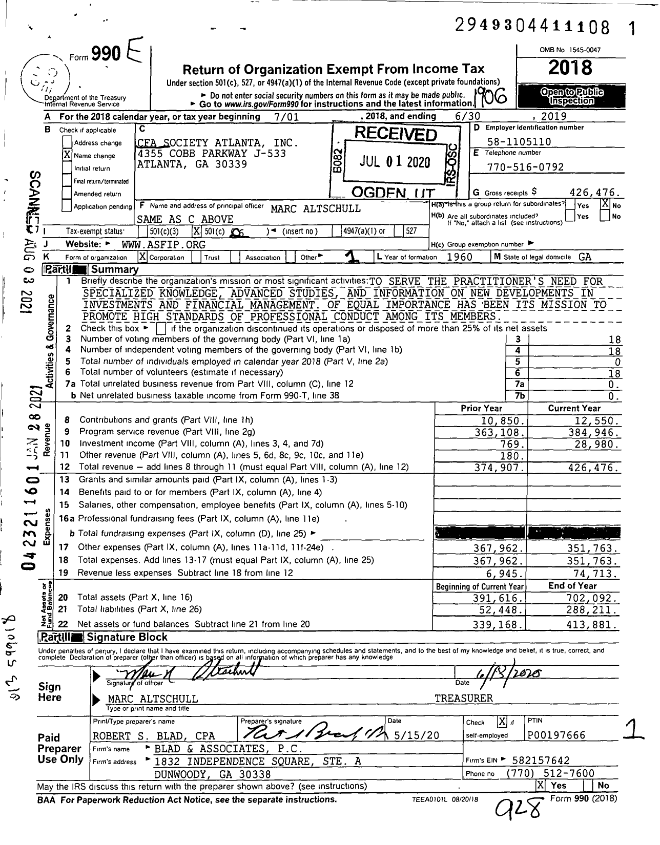 Image of first page of 2018 Form 990O for Cfa Society Atlanta
