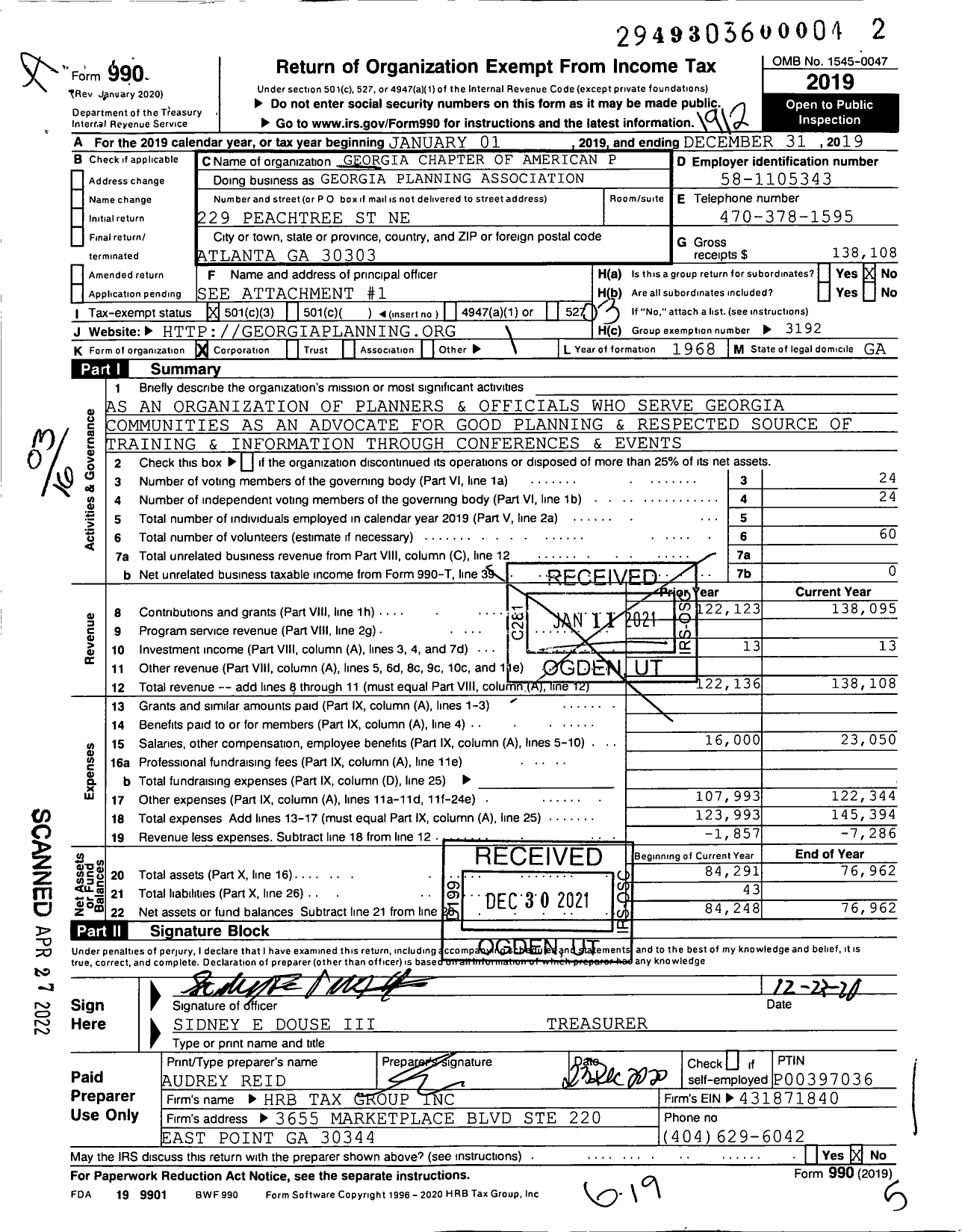 Image of first page of 2019 Form 990 for American Planning Association - 17 Georgia Chapter