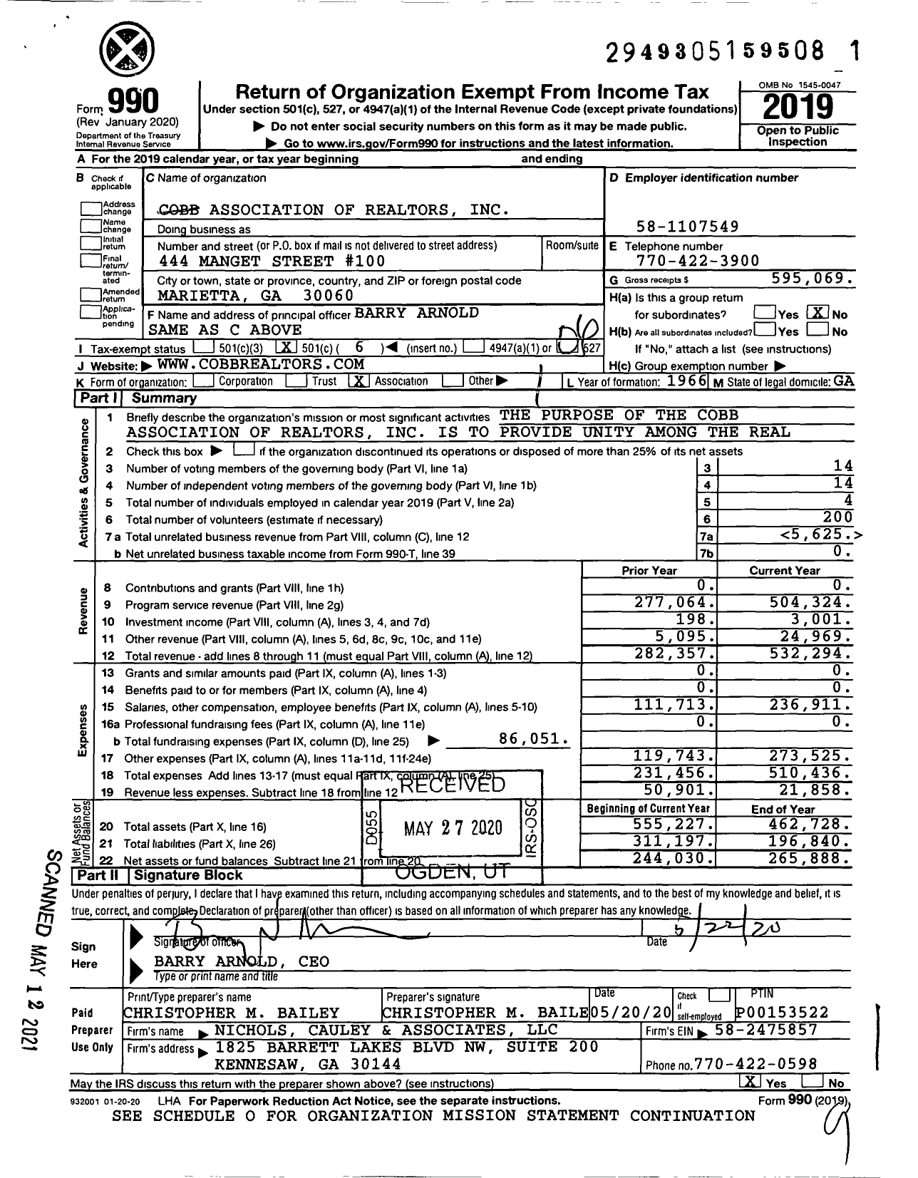 Image of first page of 2019 Form 990O for Cobb Association of Realtors