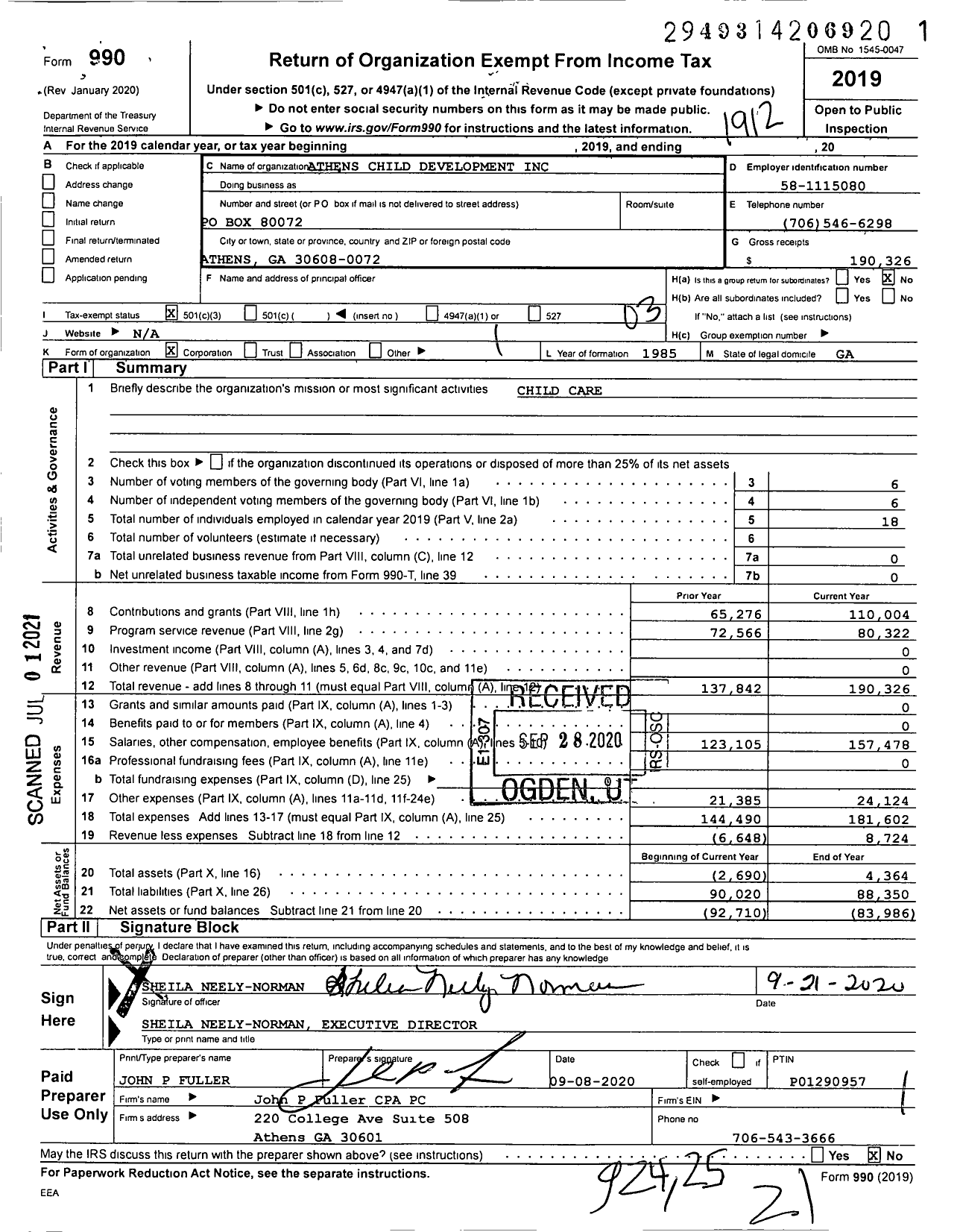 Image of first page of 2019 Form 990 for Athens Child Development