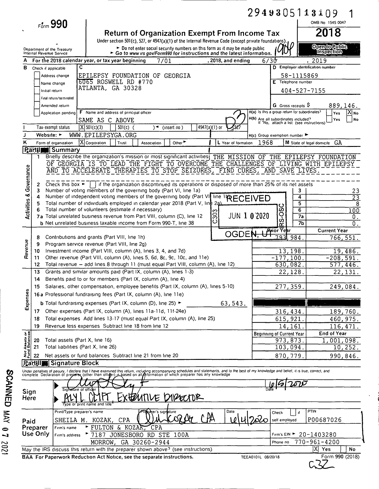 Image of first page of 2018 Form 990 for Epilepsy Foundation of Georgia