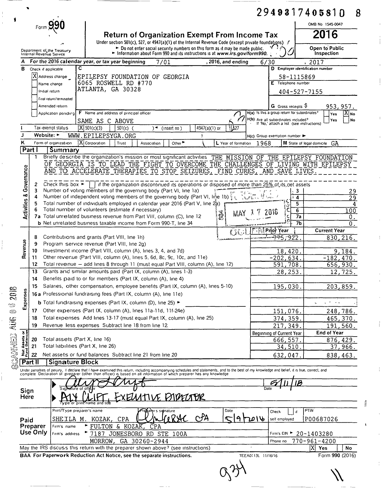 Image of first page of 2016 Form 990 for Epilepsy Foundation of Georgia