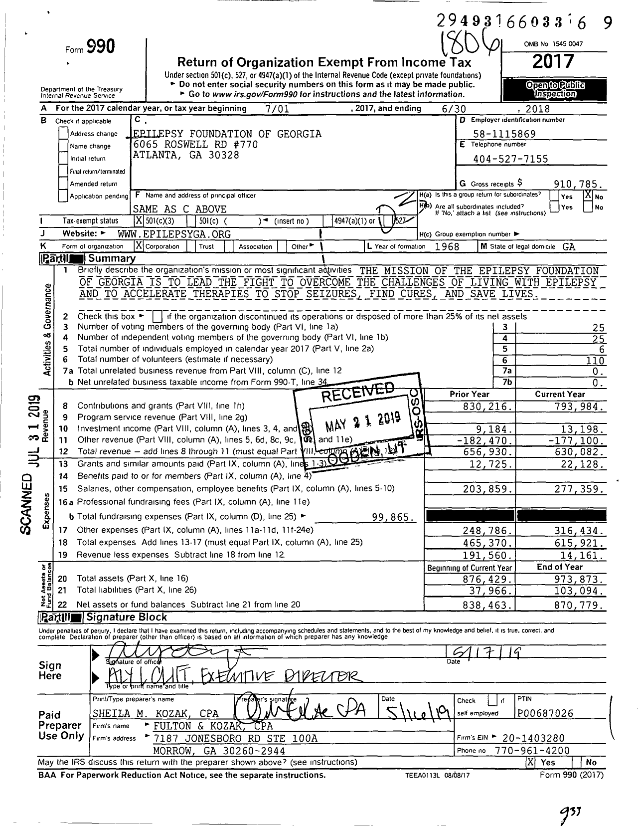 Image of first page of 2017 Form 990 for Epilepsy Foundation of Georgia
