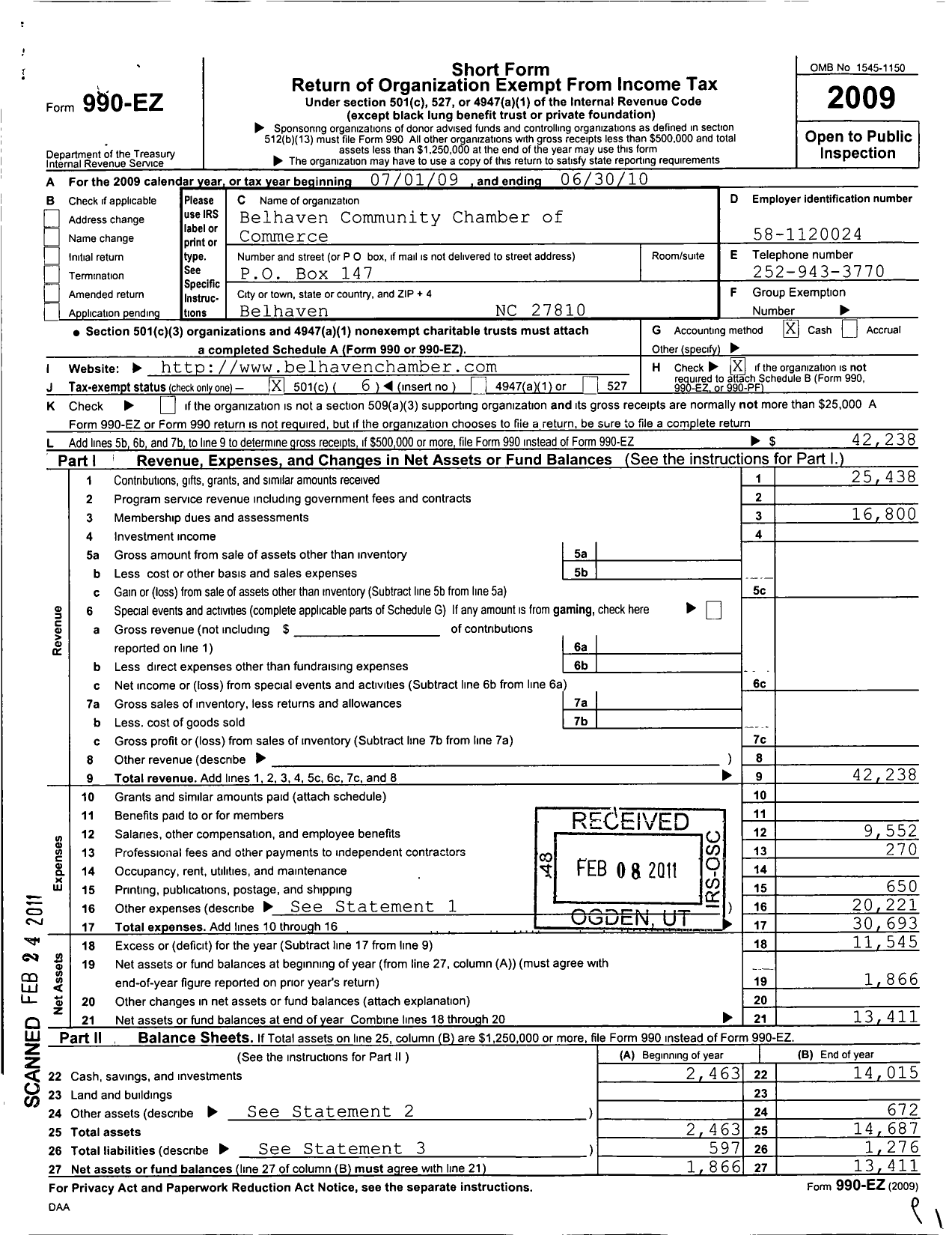 Image of first page of 2009 Form 990EO for Belhaven Community Chamber of Commerce