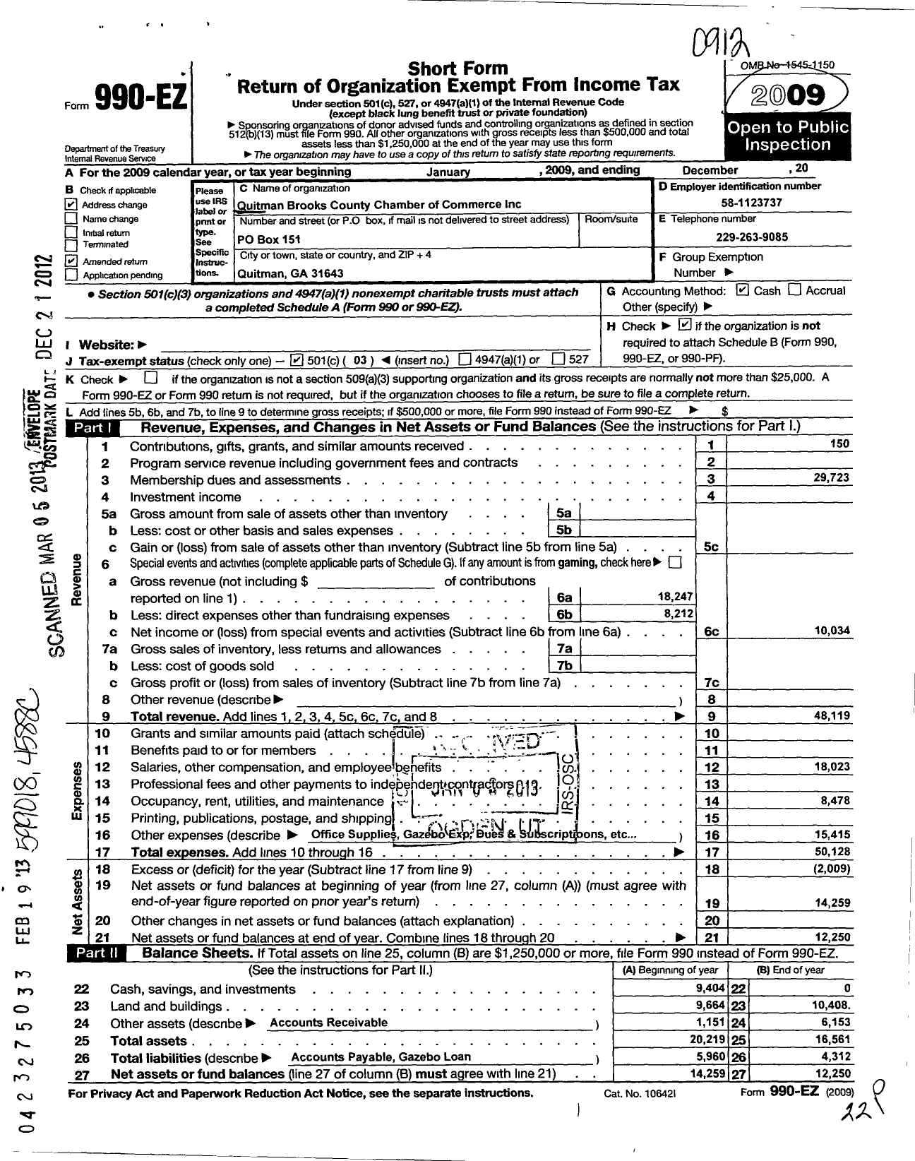Image of first page of 2009 Form 990EZ for Quitman-Brooks County Chamber of Commerce Incorporated