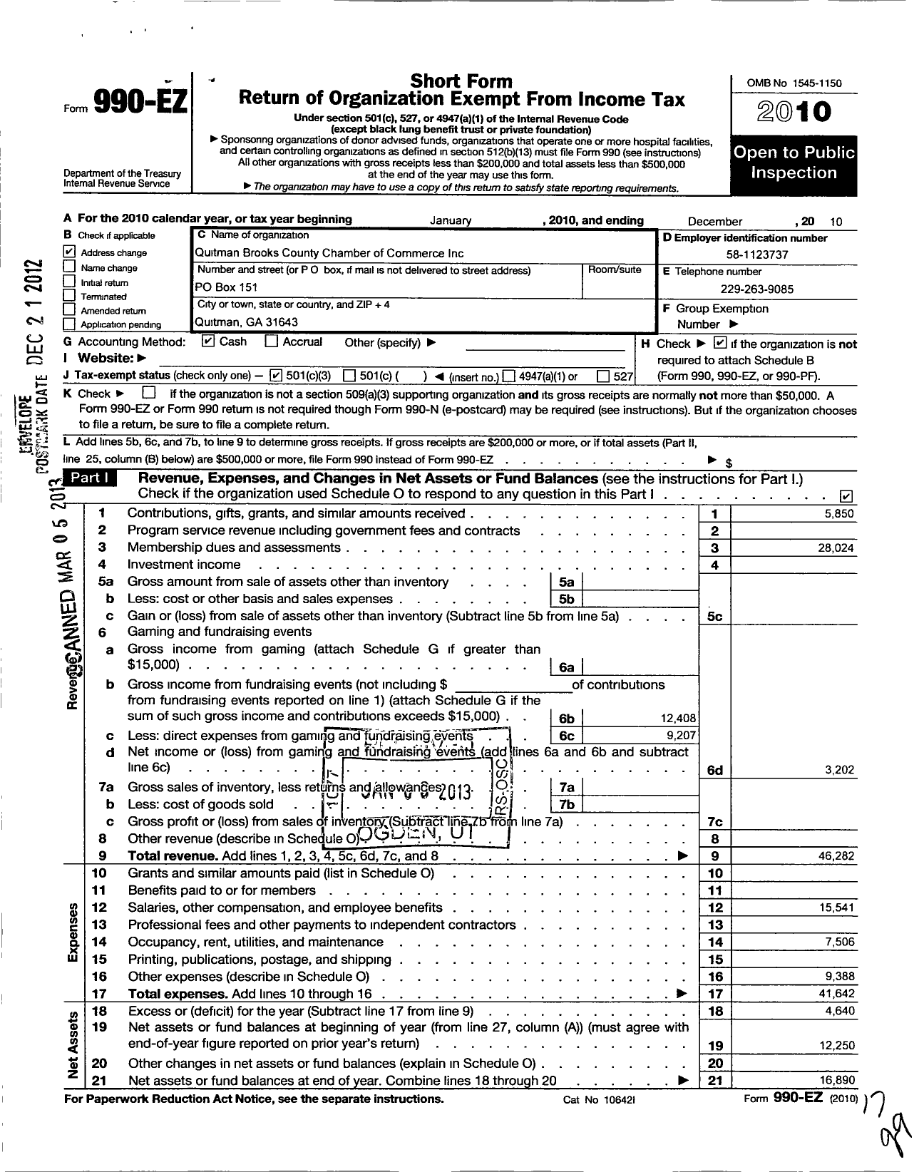 Image of first page of 2010 Form 990EZ for Quitman-Brooks County Chamber of Commerce Incorporated