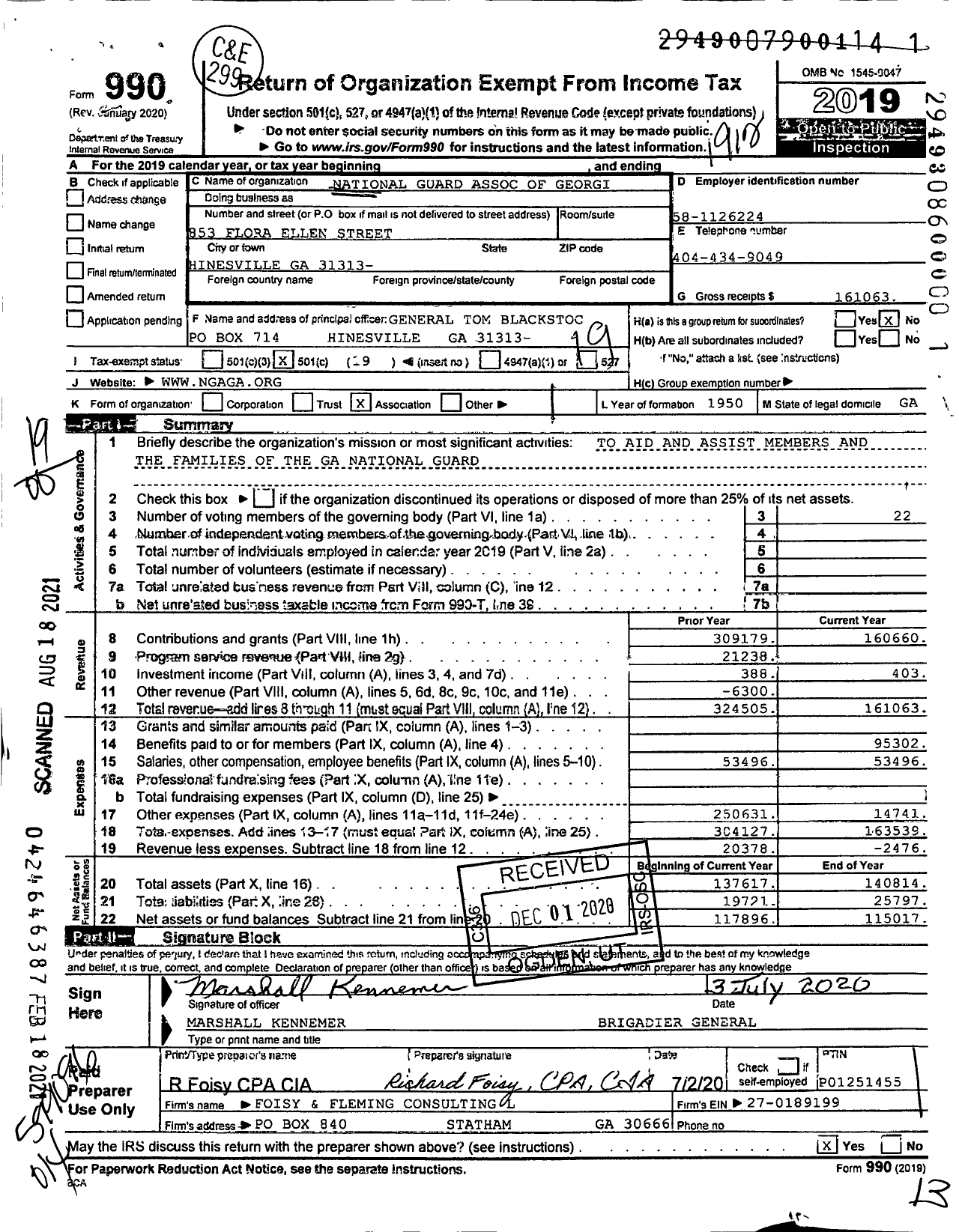 Image of first page of 2019 Form 990O for National Guard Association of Georgia Georgia