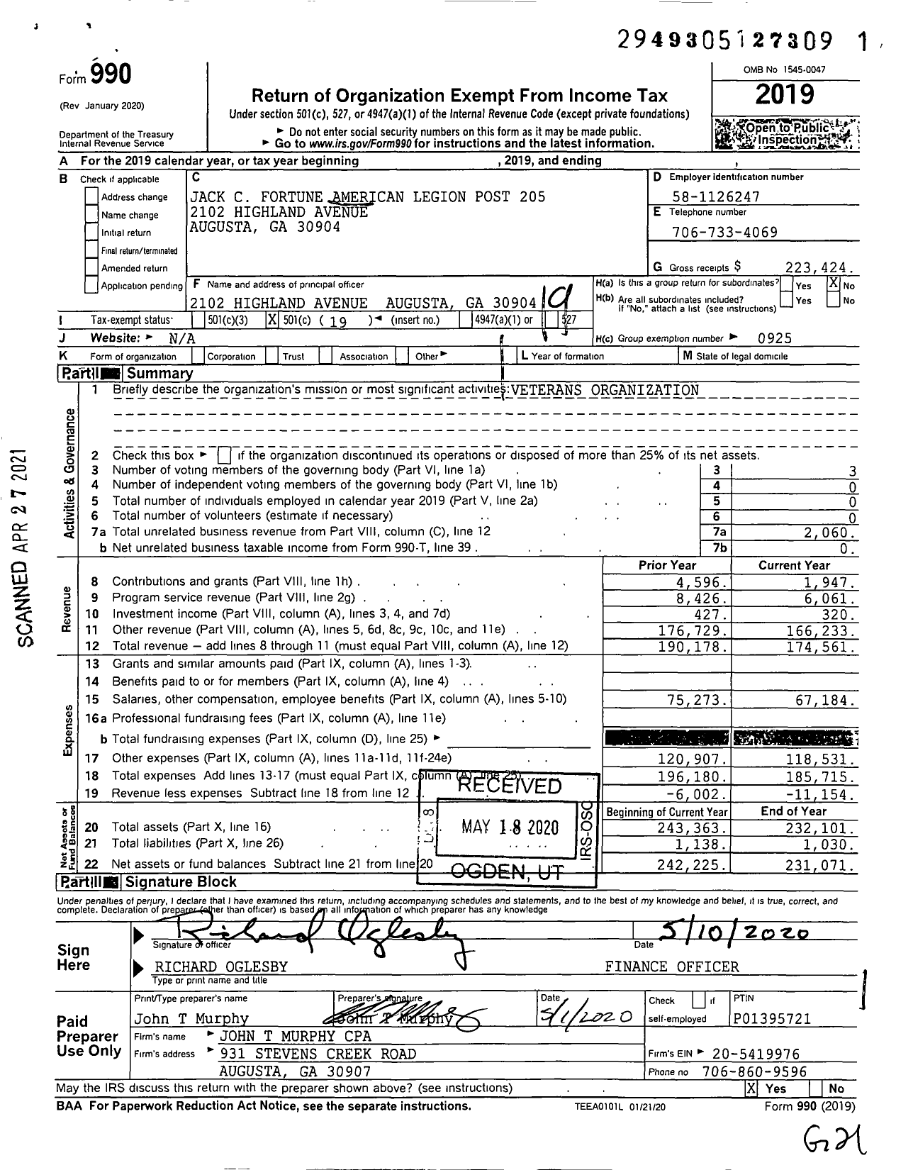 Image of first page of 2019 Form 990O for American Legion - 0205 Jack C Fortune