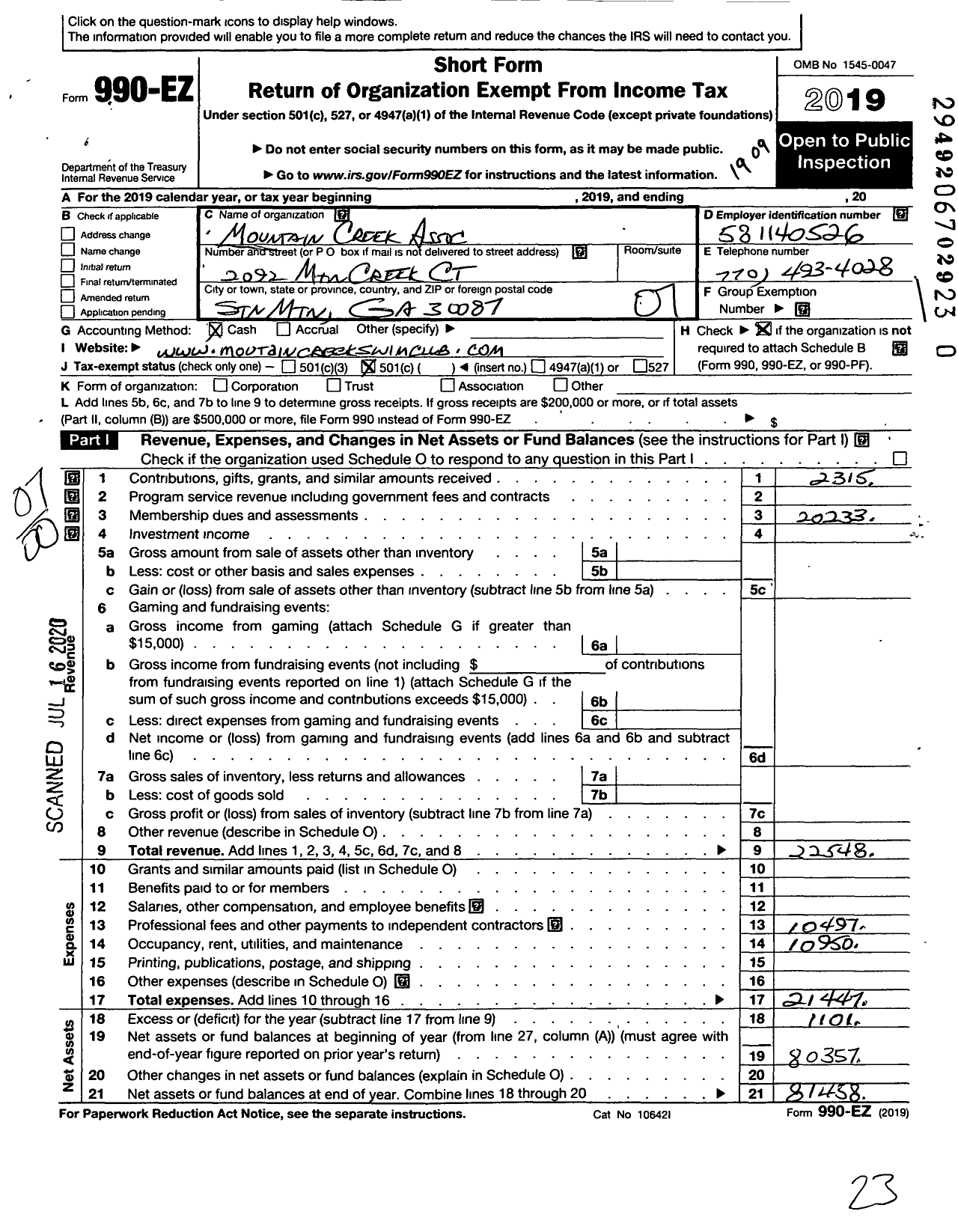 Image of first page of 2018 Form 990EO for Mountain Creek Association