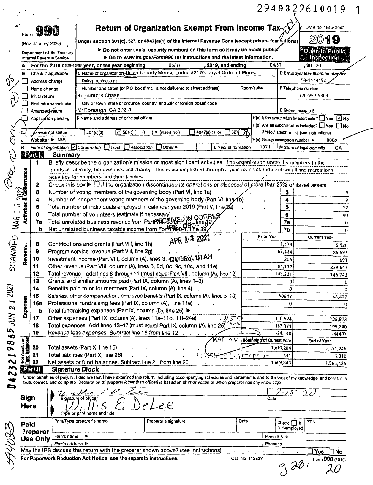 Image of first page of 2019 Form 990O for Loyal Order of Moose - Henry County Moose Lodge No 2170