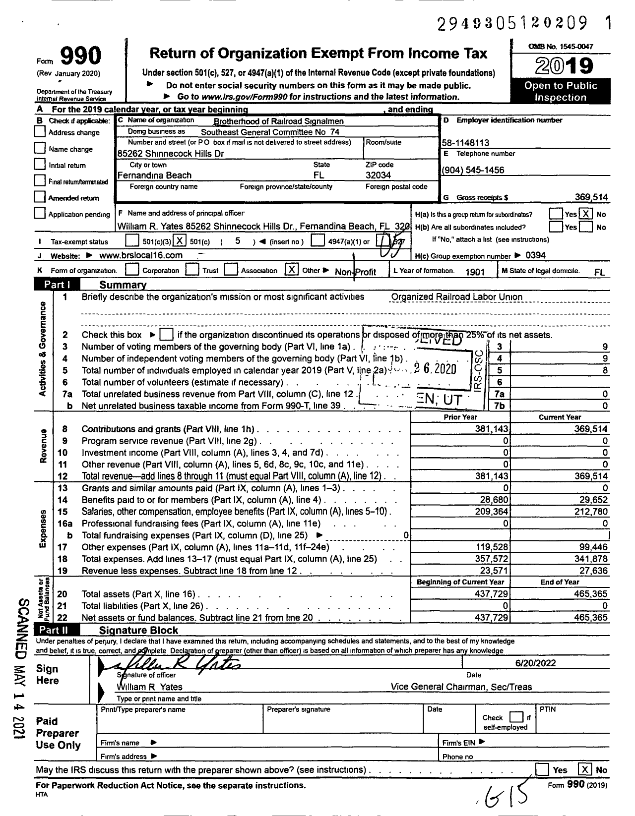 Image of first page of 2019 Form 990O for BROTHERHOOD OF RAILROAD SIGNALMEN - 74 Southeast Gen Comm