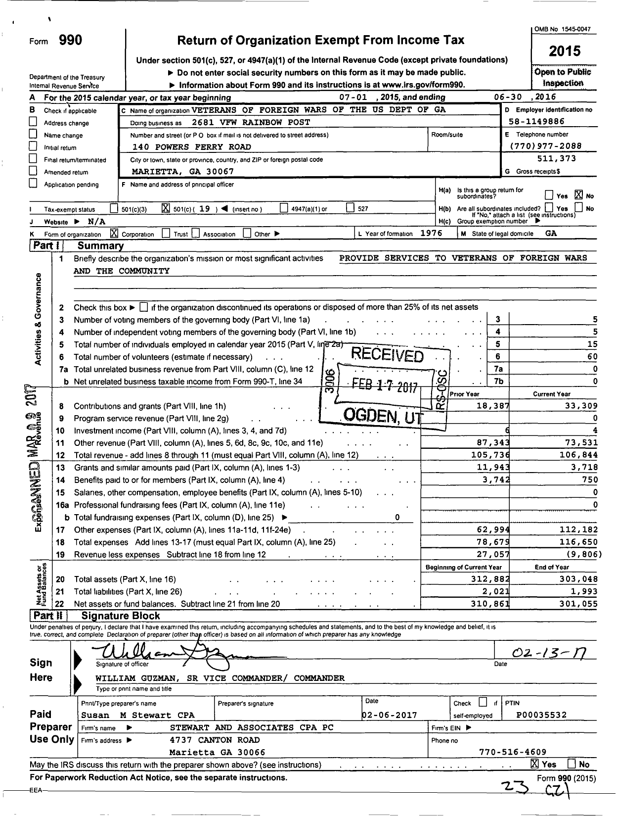 Image of first page of 2015 Form 990O for Veterans of Foreign Wars of the United States - 2681 Rainbow Post