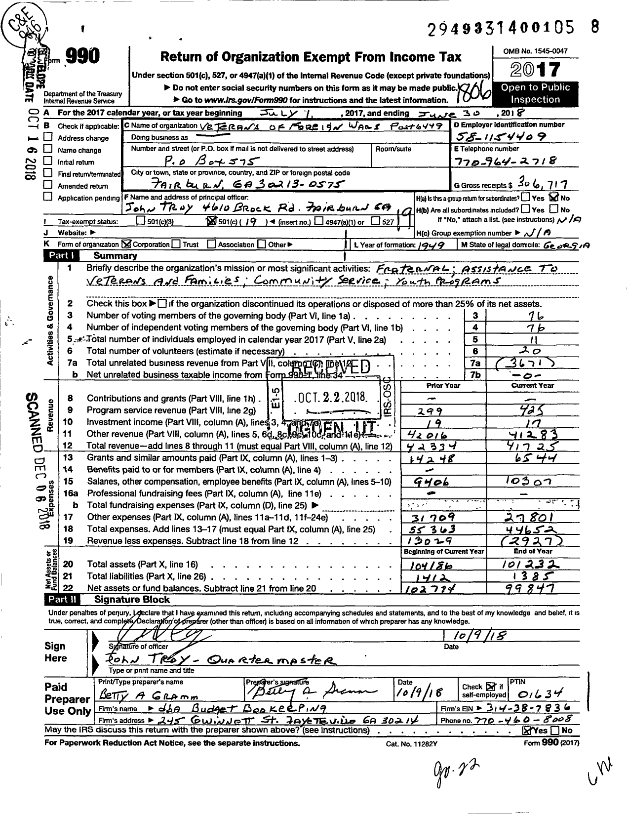Image of first page of 2017 Form 990O for Veterans of Foreign Wars of the United States Dept of Georgia - 6449
