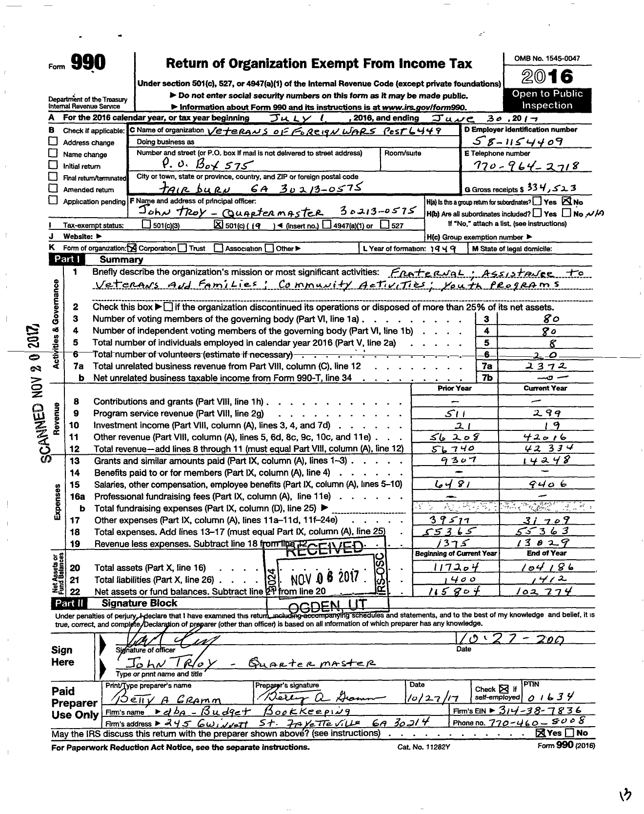 Image of first page of 2016 Form 990O for Veterans of Foreign Wars of the United States Dept of Georgia - 6449