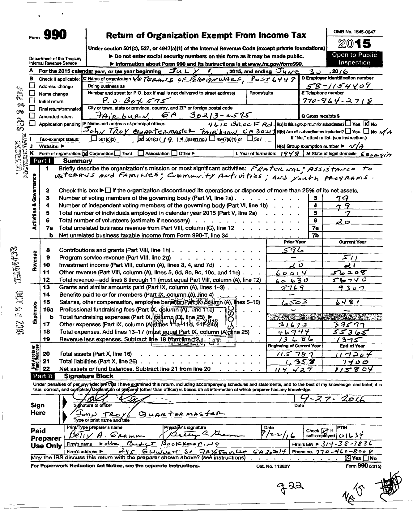 Image of first page of 2015 Form 990O for Veterans of Foreign Wars of the United States Dept of Georgia - 6449