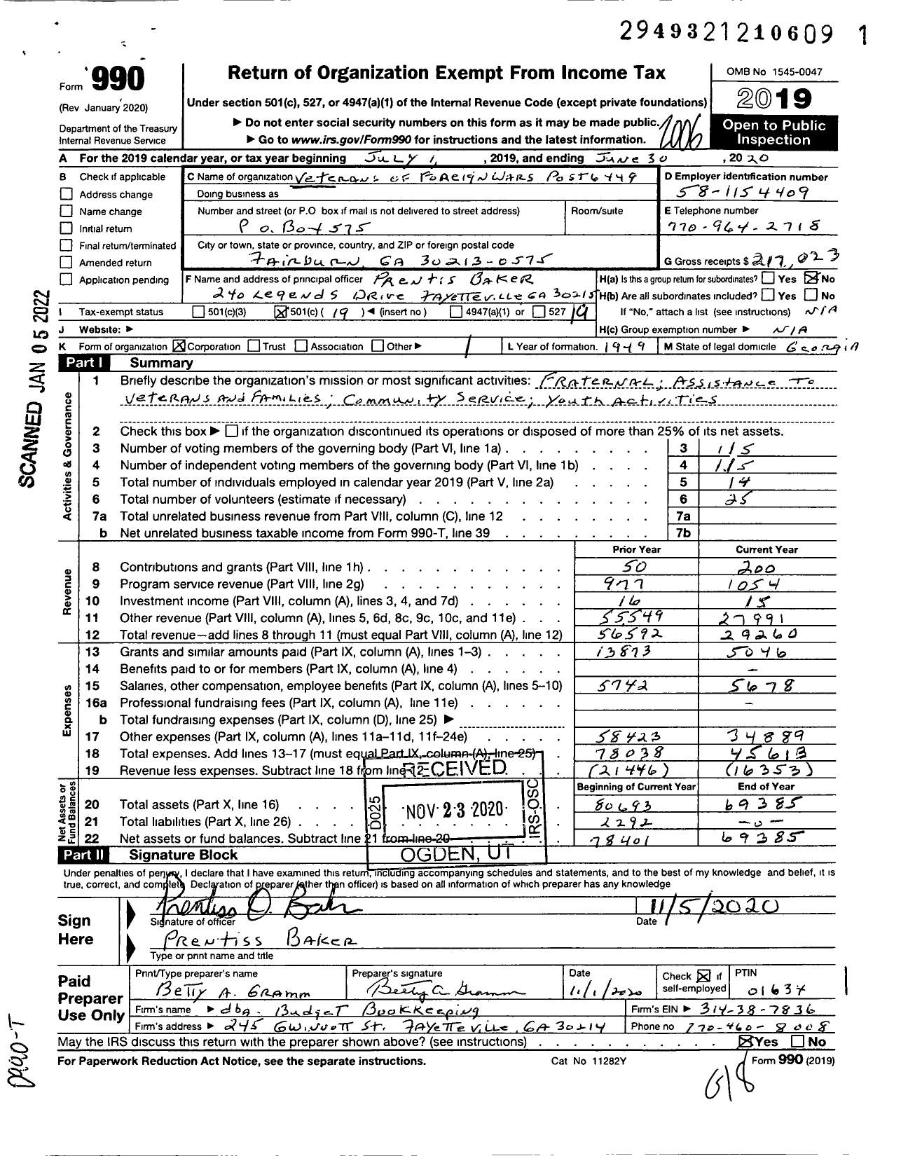 Image of first page of 2019 Form 990O for Veterans of Foreign Wars of the United States Dept of Georgia - 6449