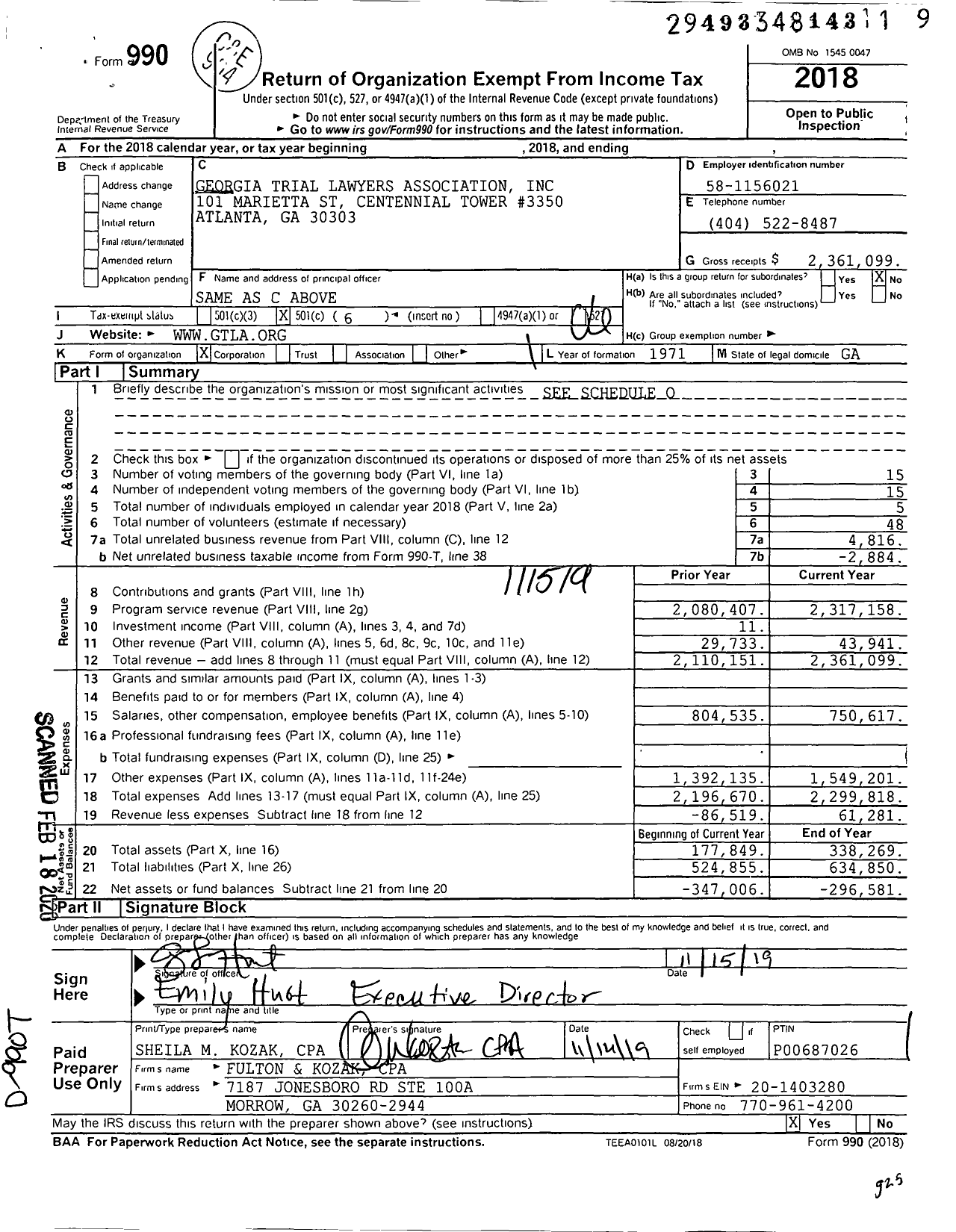 Image of first page of 2018 Form 990O for Georgia Trial Lawyers Association (GTLA)
