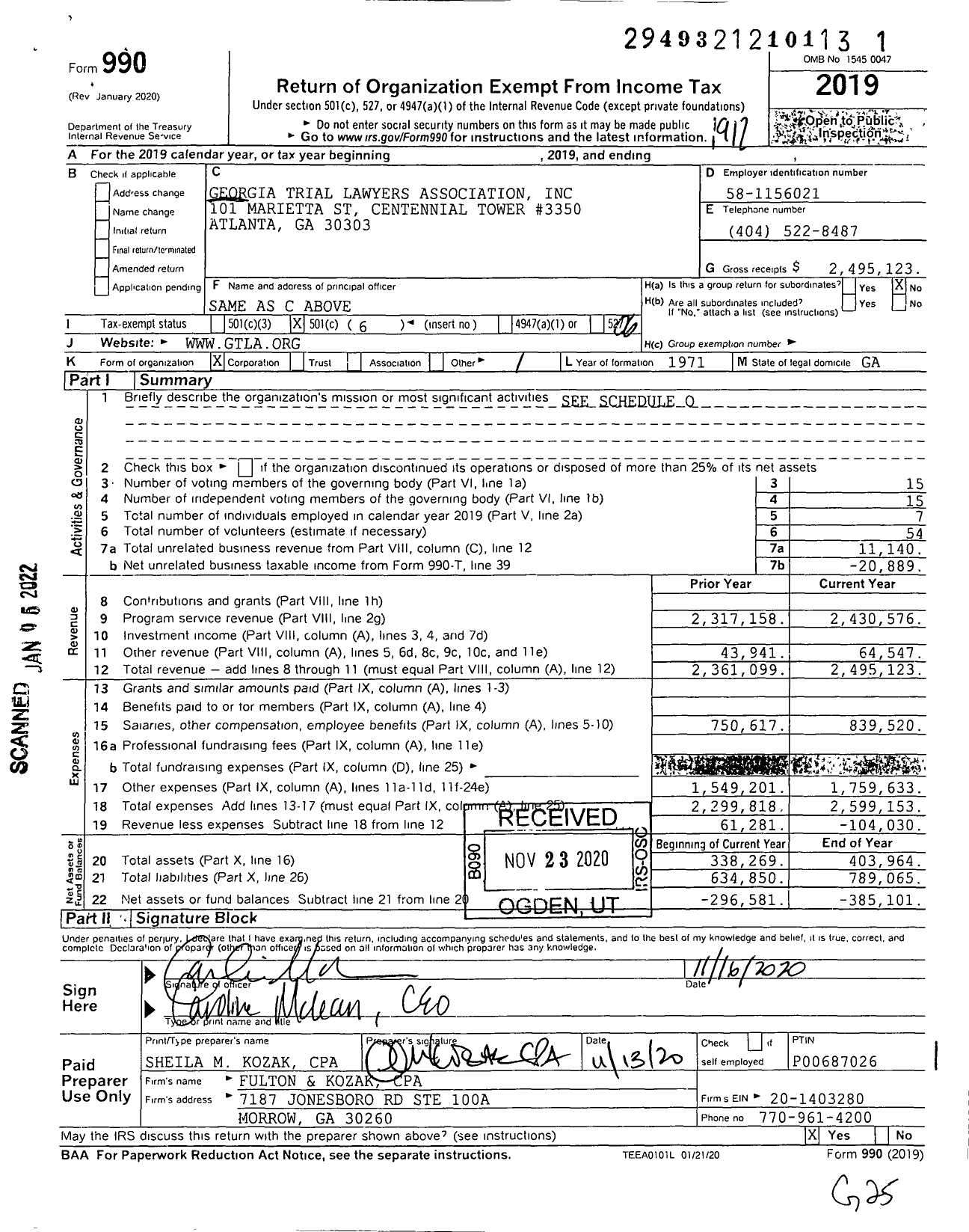 Image of first page of 2019 Form 990O for Georgia Trial Lawyers Association (GTLA)