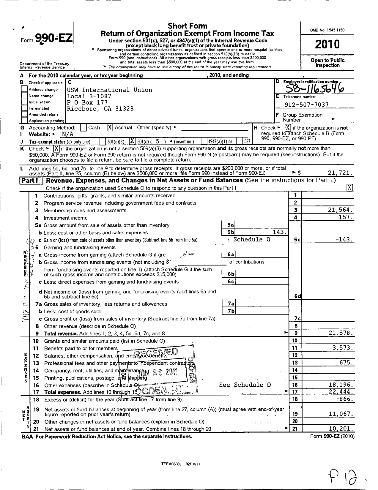 Image of first page of 2010 Form 990EO for United Steelworkers - 01087 Local