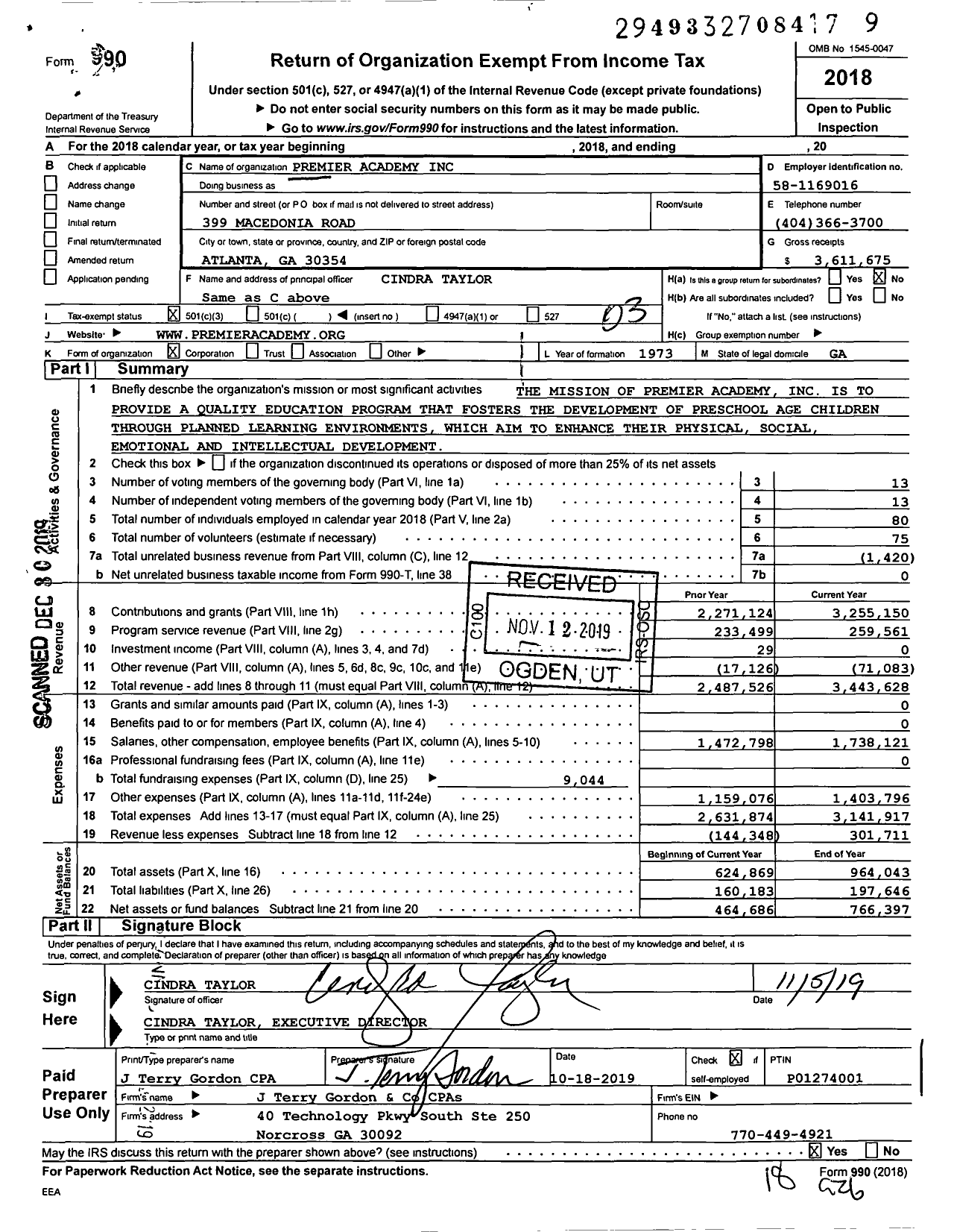 Image of first page of 2018 Form 990 for Premier Academy