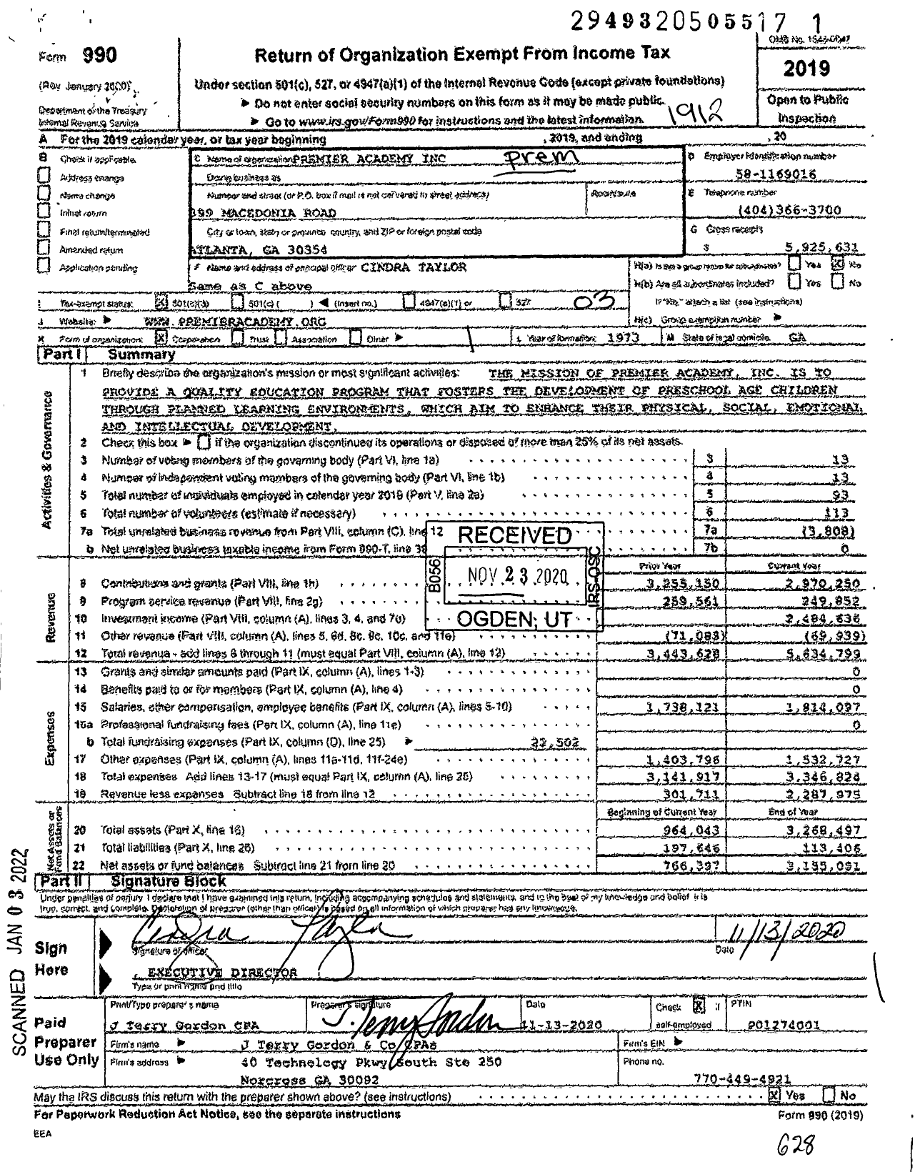 Image of first page of 2019 Form 990 for Premier Academy