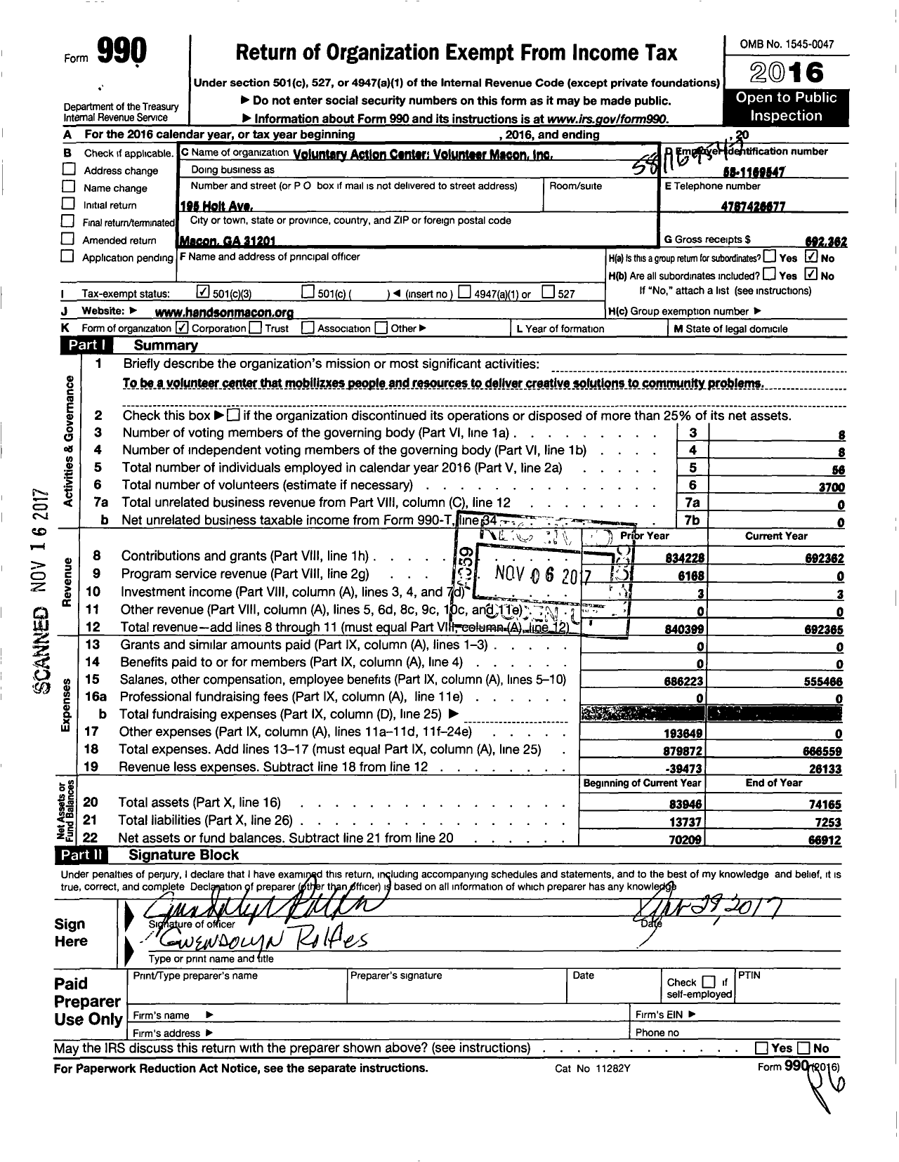 Image of first page of 2016 Form 990 for Volunteer Macon