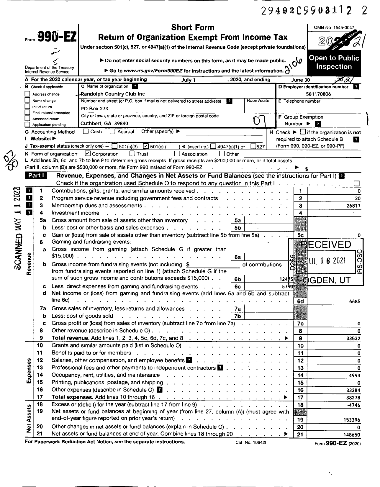 Image of first page of 2020 Form 990EO for Randolph Country Club